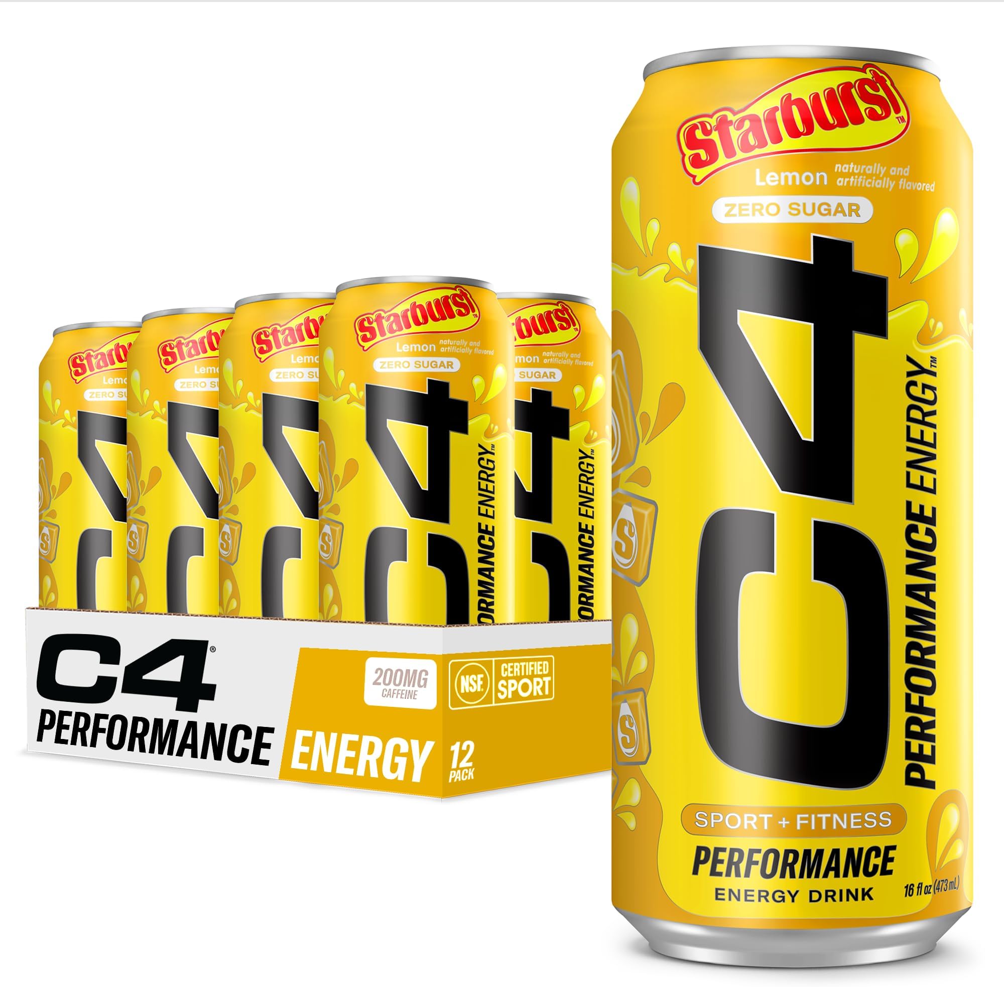 C4 Performance Energy Drink | STARBURST Lemon | Zero Sugar Carbonated Preworkout Energy | 200mg Caffeine with Beta Alanine | 16 Fl Oz (12 Pack)