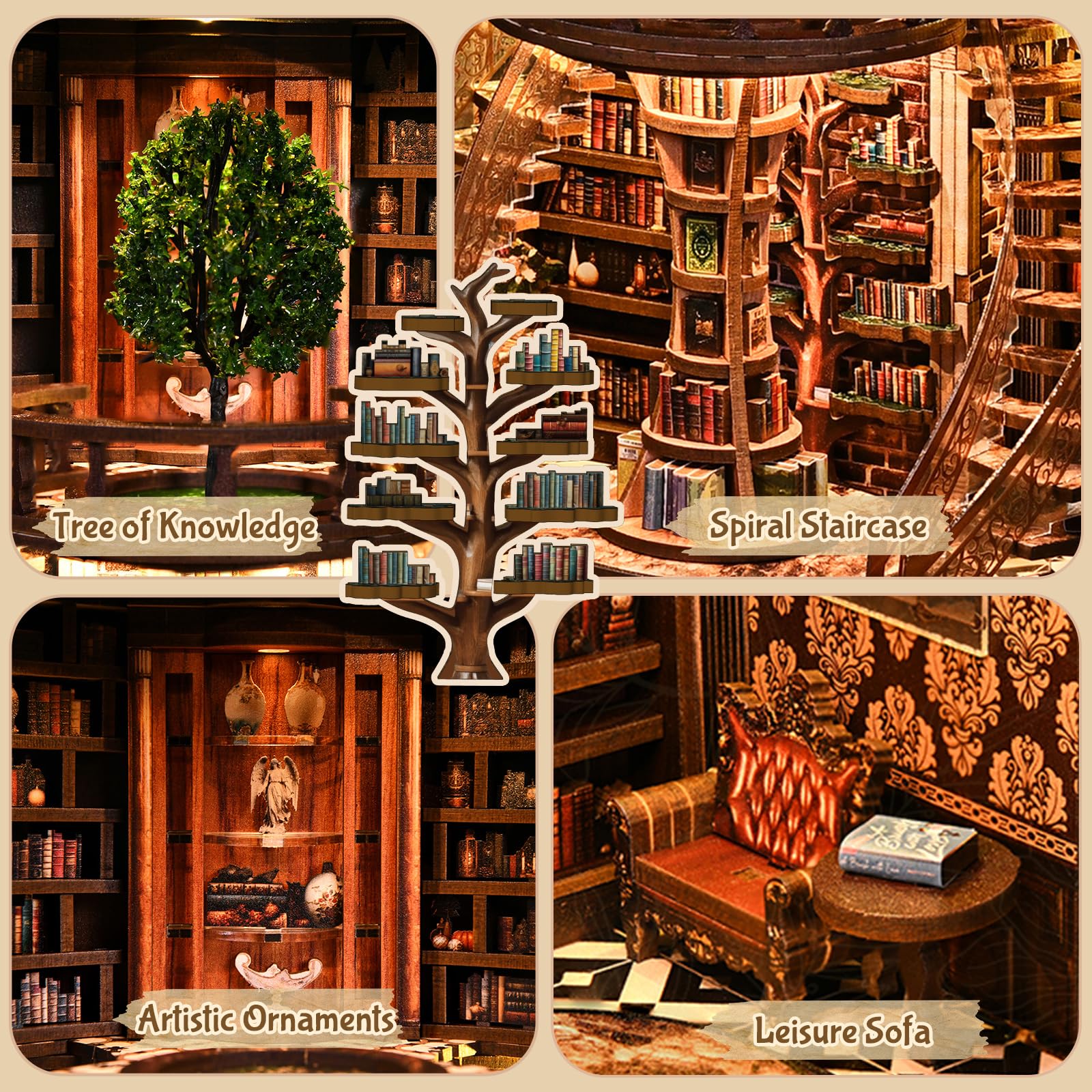 Cuteefun Casa de Muñecas en Miniatura Biblioteca con LED Cálido, Kit Book Nook DIY de Madera para Amantes de Libros, Regalo Cumpleaños Navidad, Decoración del Hogar (Wisdom Rings)