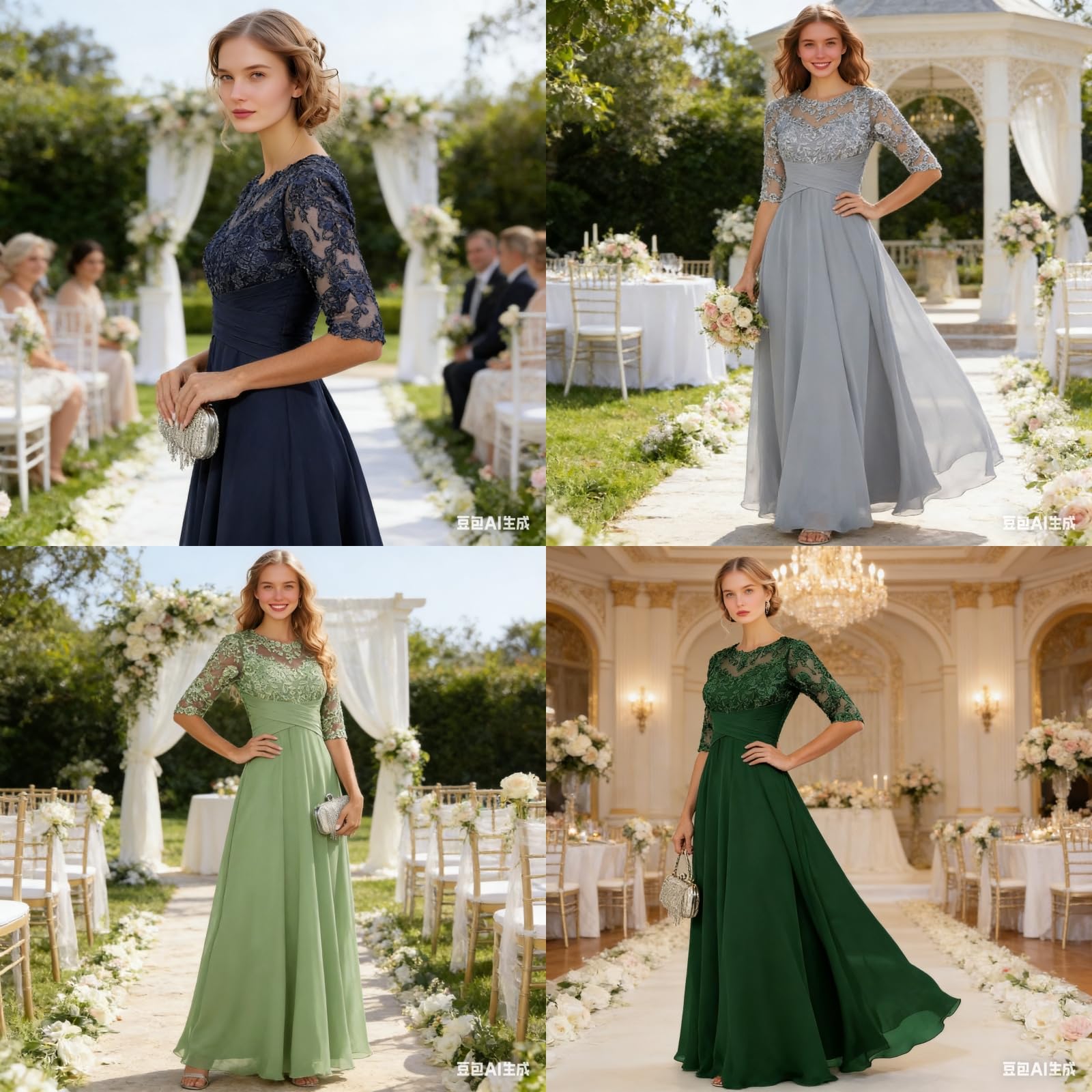 Abito da sposa per madre della sposa da donna in chiffon con applicazioni in pizzo mezza manica formale abito da sposa