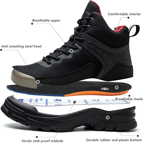 Miniatura 3 de Asiman - Botas con punta de acero para hombre, antideslizantes y duraderas, botas de trabajo de construcción indestructibles para hombre, con