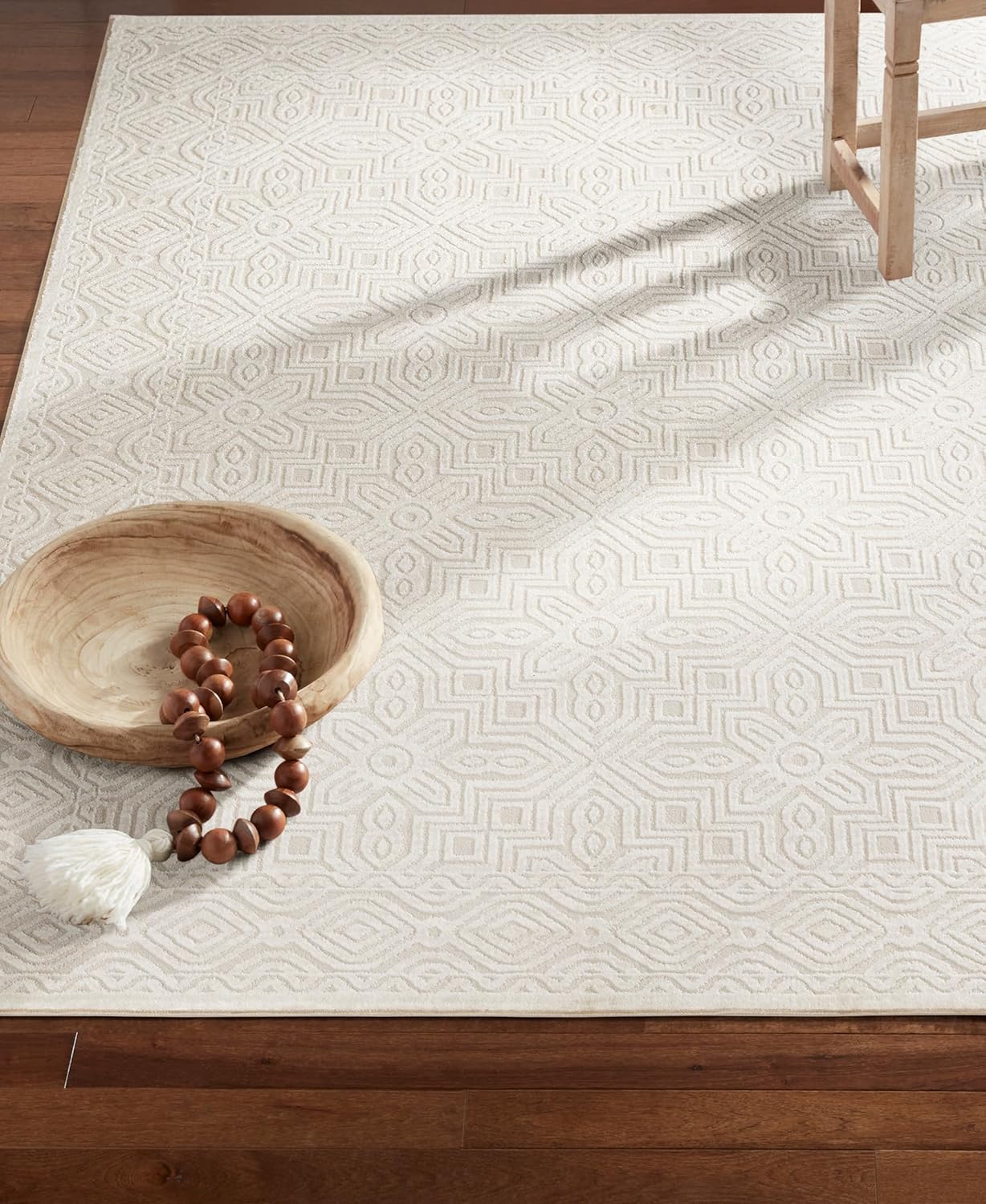 Ivory Medallion High-Low Texture Synthetic Area Rug