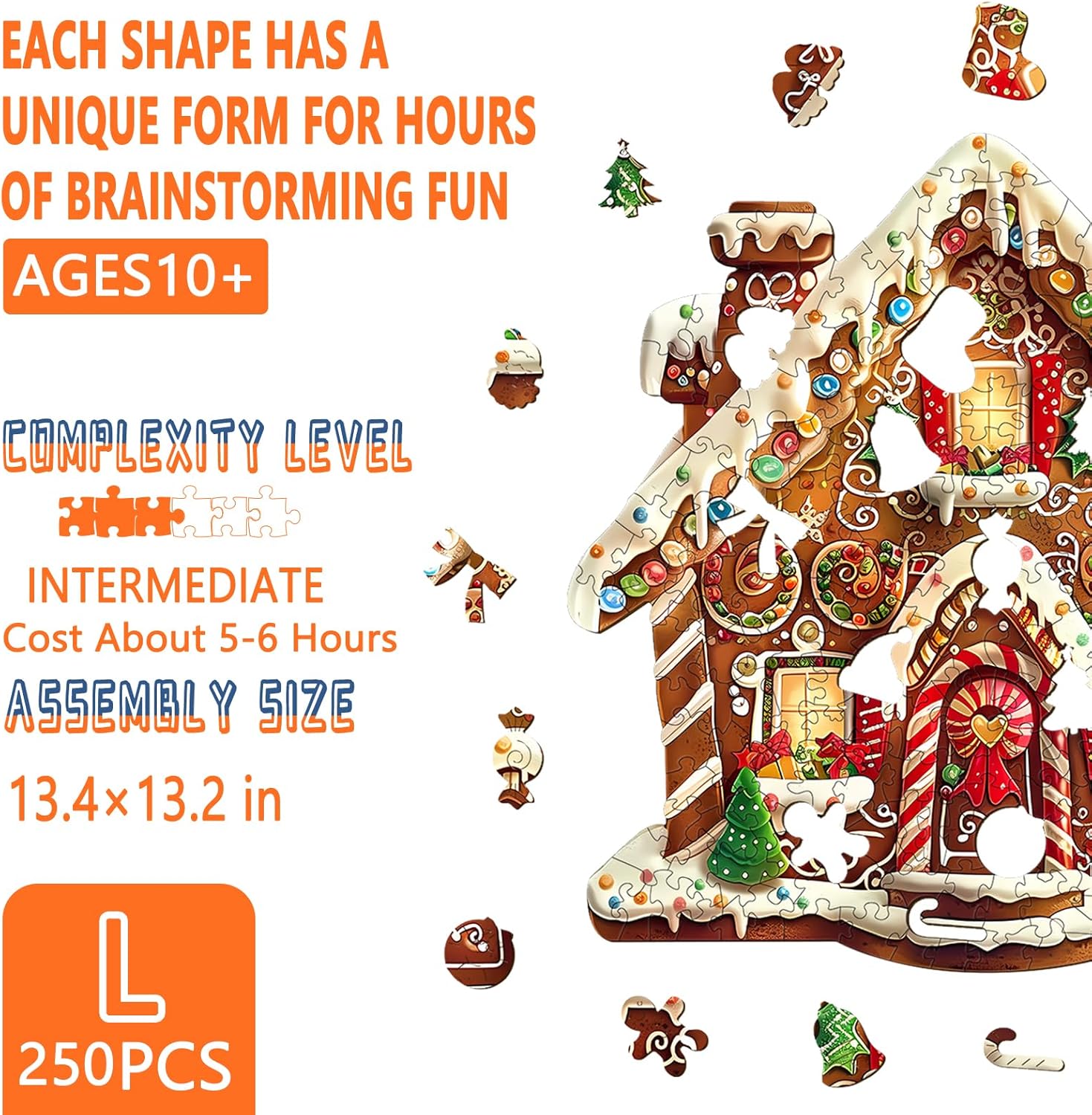 Wooden Puzzles for Adults - Christmas Gingerbread House -1 Wooden Puzzle, Unique Wood Jigsaw Puzzle for Adults, Wood Puzzles Adult, Gifts for Family, Wall Art Home Decor (250pcs 13.4 * 13.2in L)