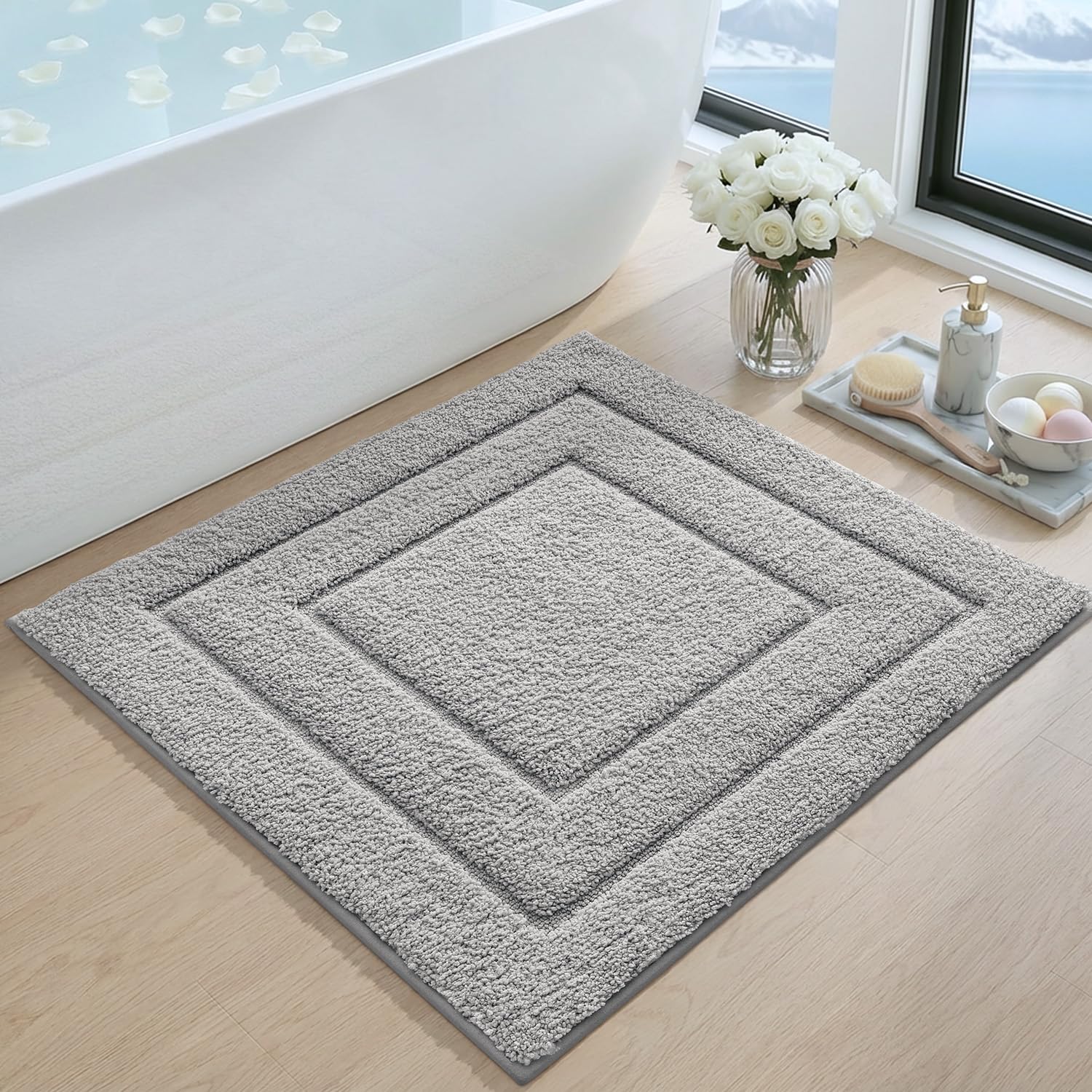 DEXI Bathroom Rug 26x26, Non Slip Washable Bath Mat for Shower Floor, Absorbent Soft Bathmat with Rubber Backing, Quick Dry Microfiber Carpet, Light Grey