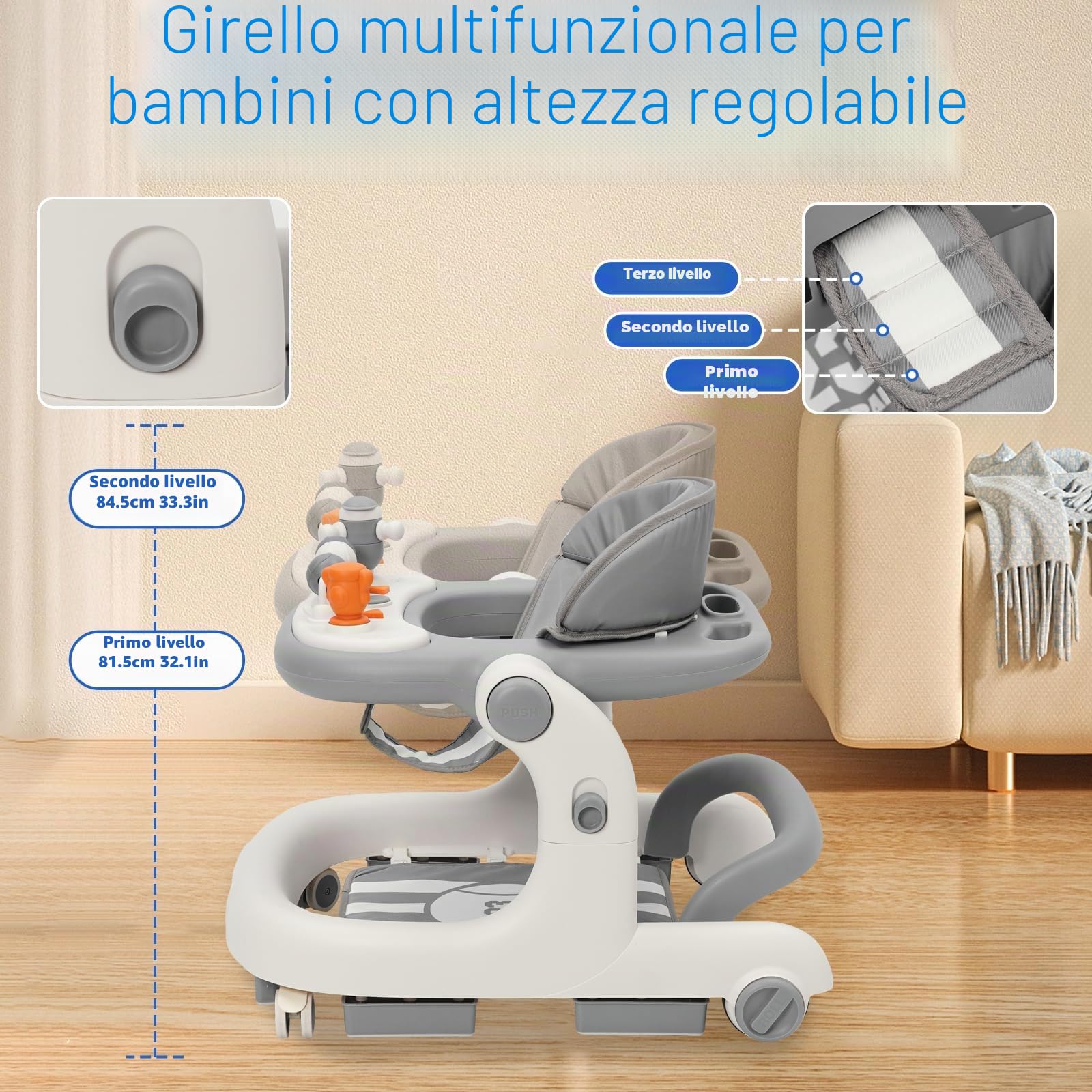 3 in 1 Girello Neonato, Baby Walker per Bambini con ruote, luce, musica, centro giochi, Altezza Regolabili, Carrellino per Bimbi 6-18 Mesi (Grigio)