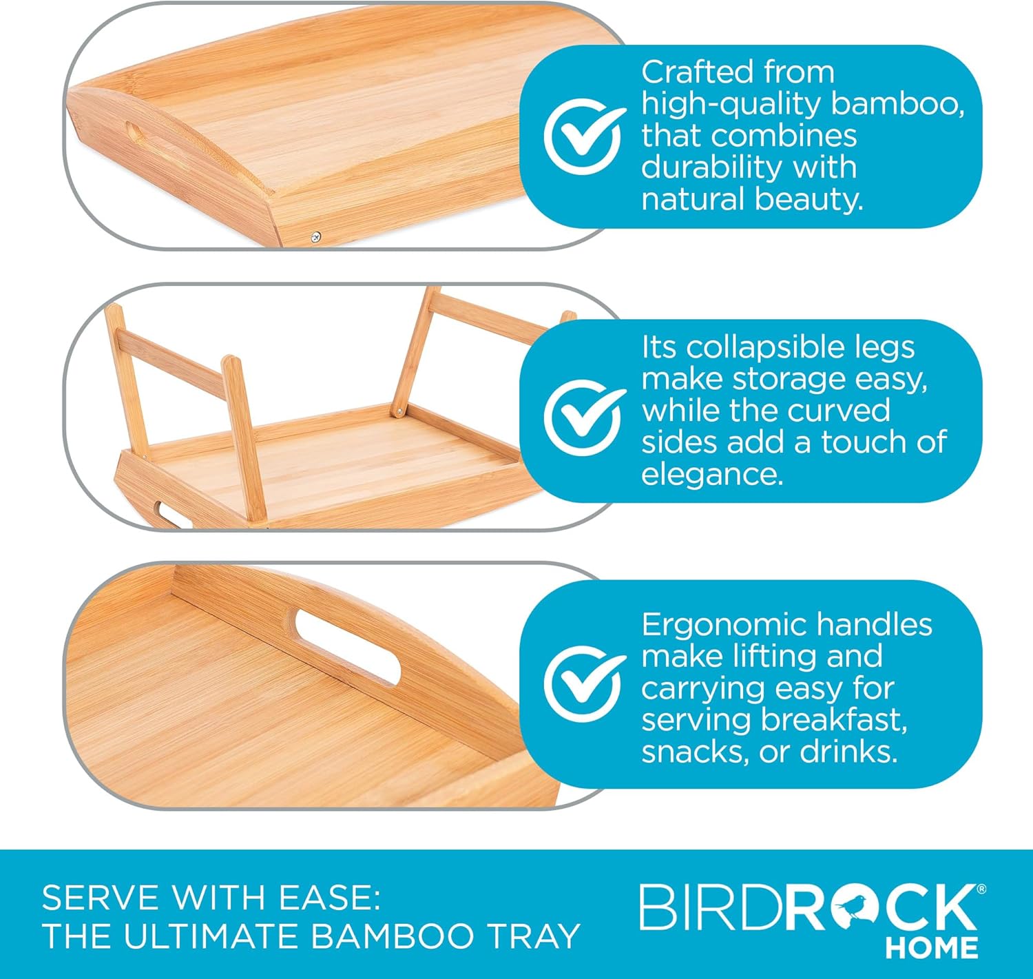 BirdRock Home Bamboo Bed Tray | Wooden Curved Sides Breakfast Serving Tray with Folding Legs | Natural