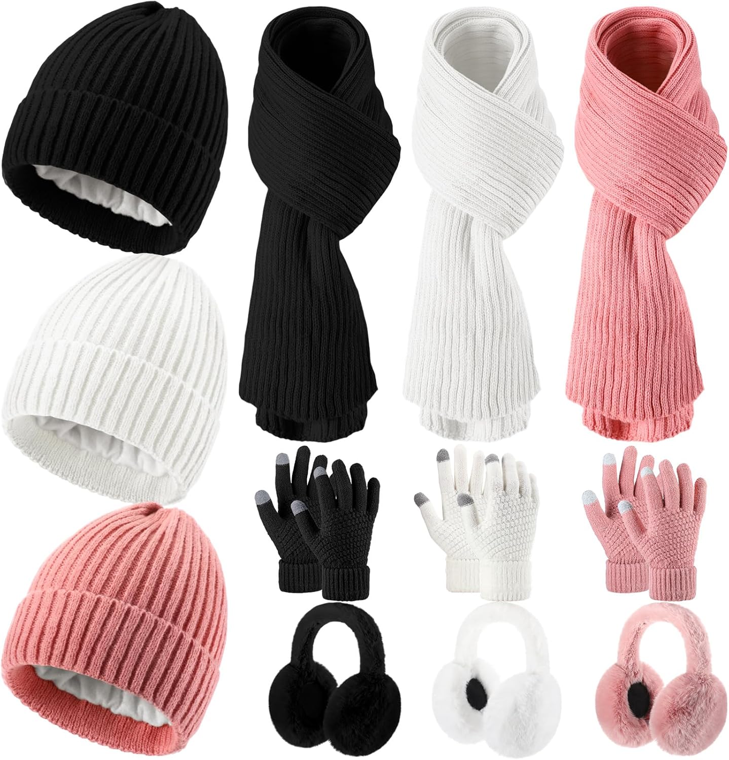 12 Pcs Winter Hat Gloves Scarf Earmuff Set Beanie Pompom Fleece Lining Hat Touch Screen Gloves Knitted Scarf