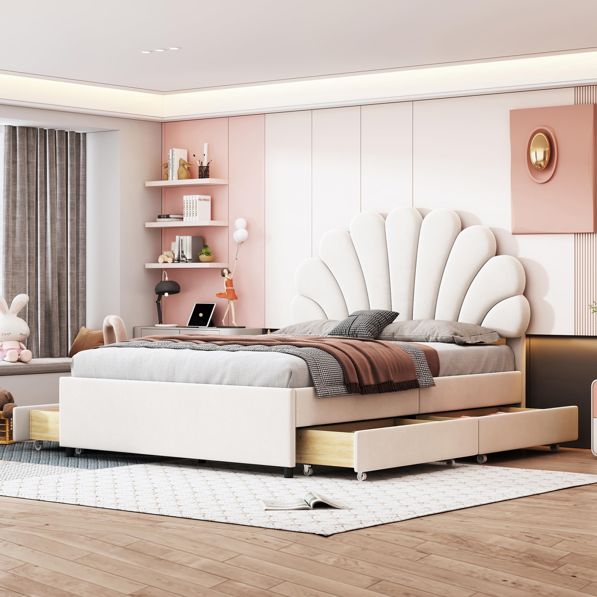 Gestoffeerd Bed 140 X 200 Cm Met Verstelbaar Hoofdeinde Voor Slaapkamer Leds Linnenstof Beige