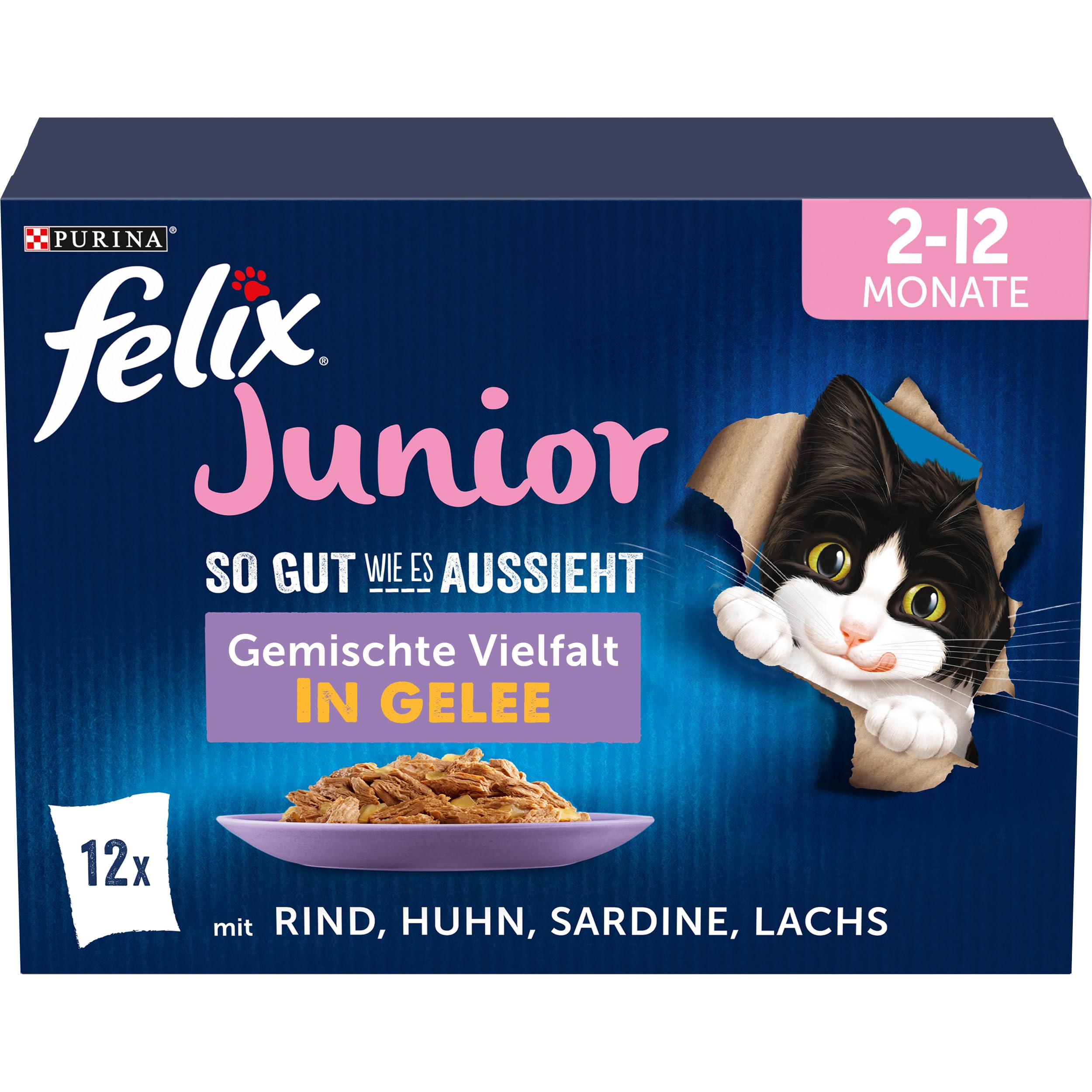 Felix So gut wie es aussieht Junior Kittenfutter nass in Gelee - Sorten-Mix für junges Katzenpärchen - Beliebte Flüssigm