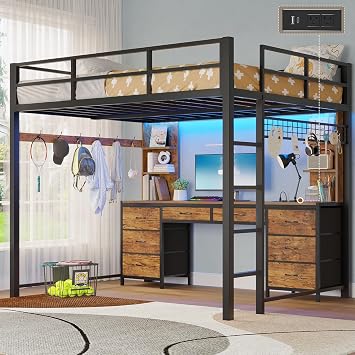 BTHFST Loft Bed with Desk, Full Metal Loft Bed with 8 Drawers Storage & Charging Station & LED Lights, 4 Open Storage Shelves, Noise-Free, Space-Saving, No Box Spring Needed