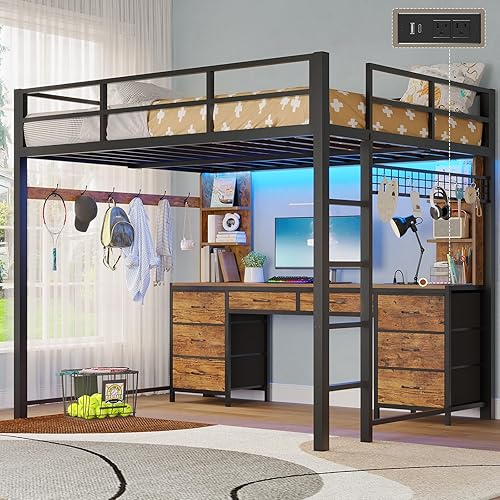 Loft Bed with Desk, Full Metal Loft Bed with 8 Drawers Storage & Charging Station & LED Lights, 4 Open Storage Shelves, Noise-Free, Space-Saving, No Box Spring Needed