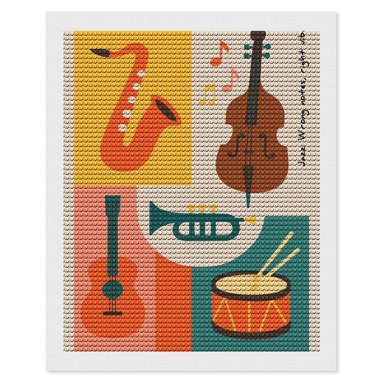 Junmoney Jazz Instruments and Music Notes Diamond Art Kit 16"x20", Bedroom Decor, Adhesive Canvas, Full Kit Included, Thoughtful Present, Birthday Gift