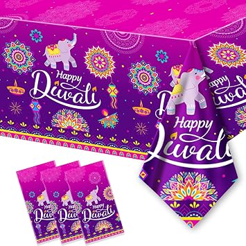 KYMY 3pcs Happy Diwali Table Covers with 86.6" X51.18", India Festival of Lighting Tablecloths, Rectangle Plastic Diwali Tablecovers for India Festival Deepawali Party Kitchen Dining Decoration