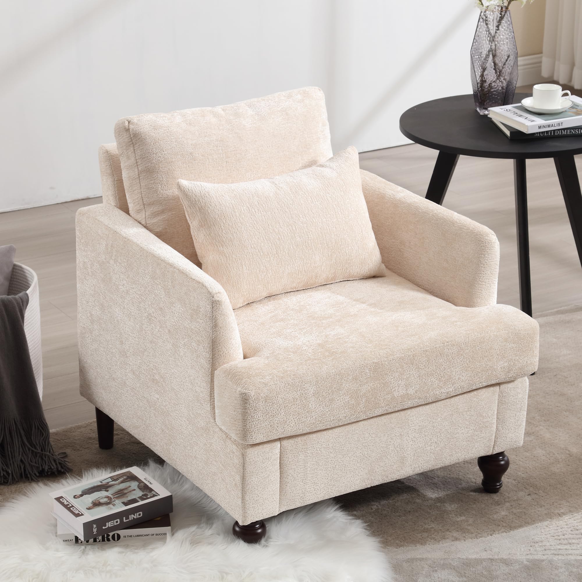 MOONMISS Modern Accent Chair, Living Room Upholstered Chenille Armchair with Waist Pillow, Single Sofa for Living Room, Bedroom, Office, Beige