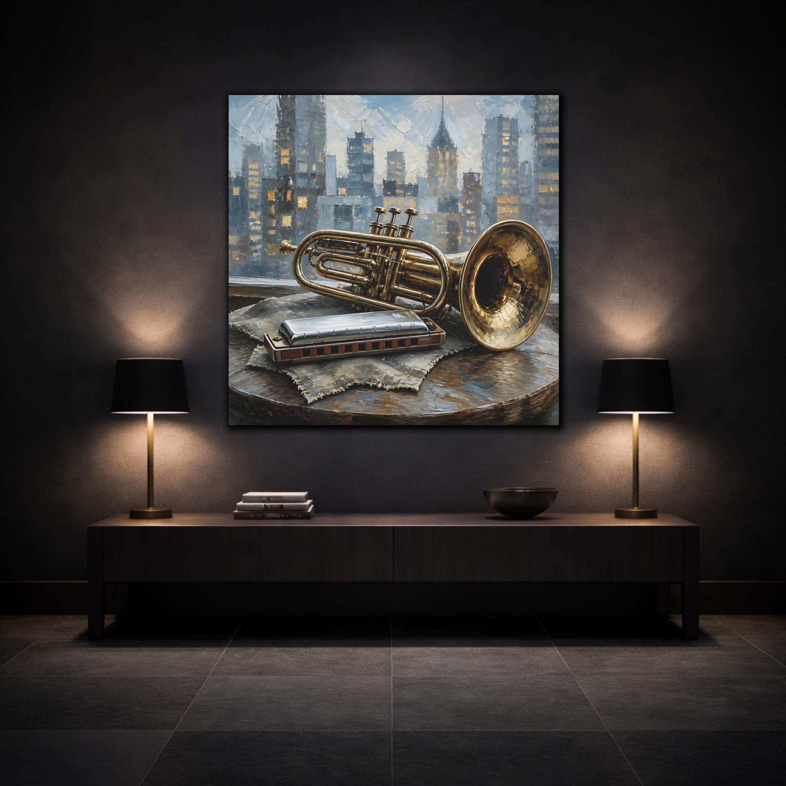 Vintage Trumpet Harmonica Gold And Blue Canvas Print – Living Room, Above Console Table 16×16 inch (40×40 cm) - Square / 1.25 inch (3 cm)