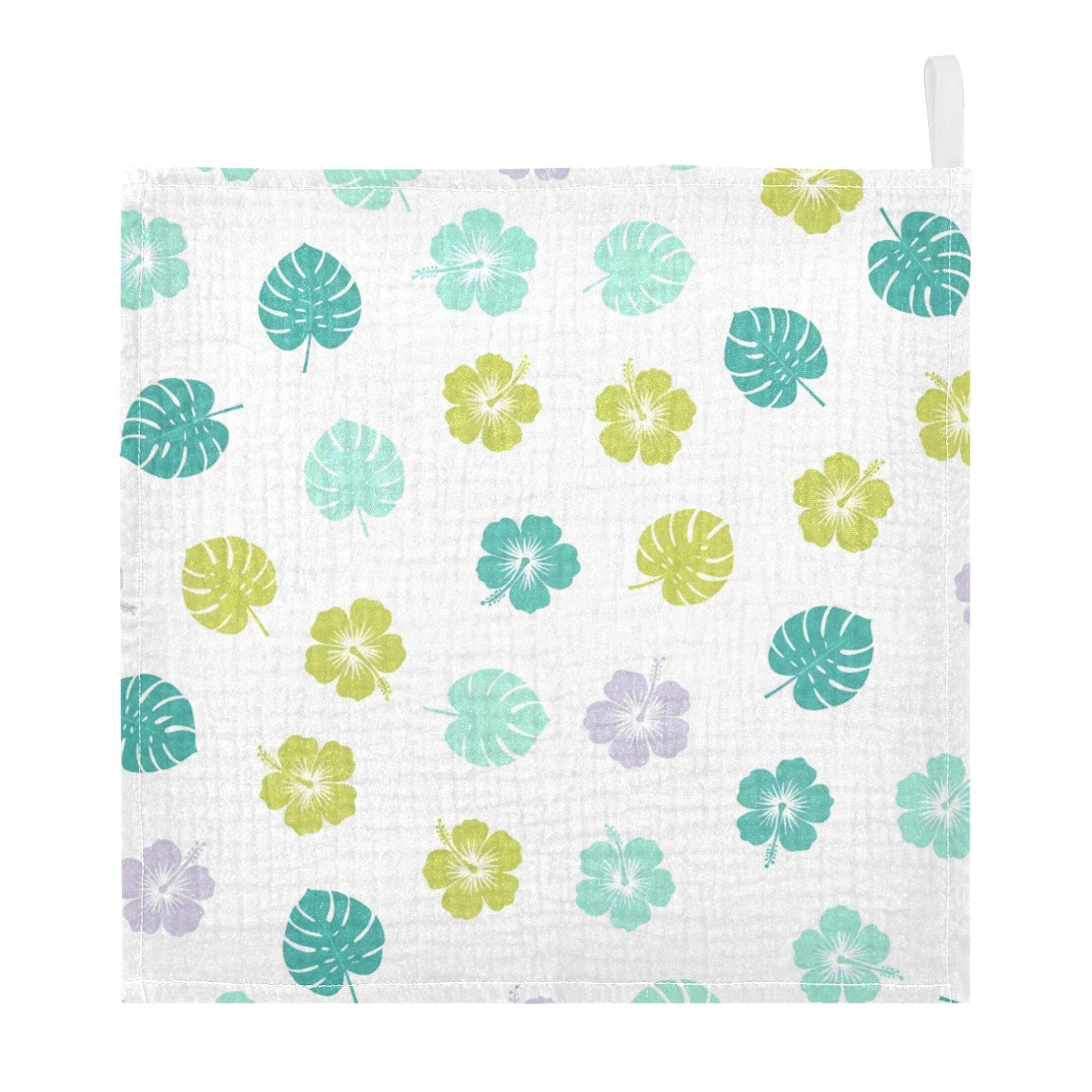 Fuauuyl Hibiscus Monstera Leaves Baby Muslin Washcloths Cotton Absorbent Soft Burp Cloths for Newborns Infants Toddlers, Reusable Face Towels for Sensitive Skin, 5 Pack, 12x12 in
