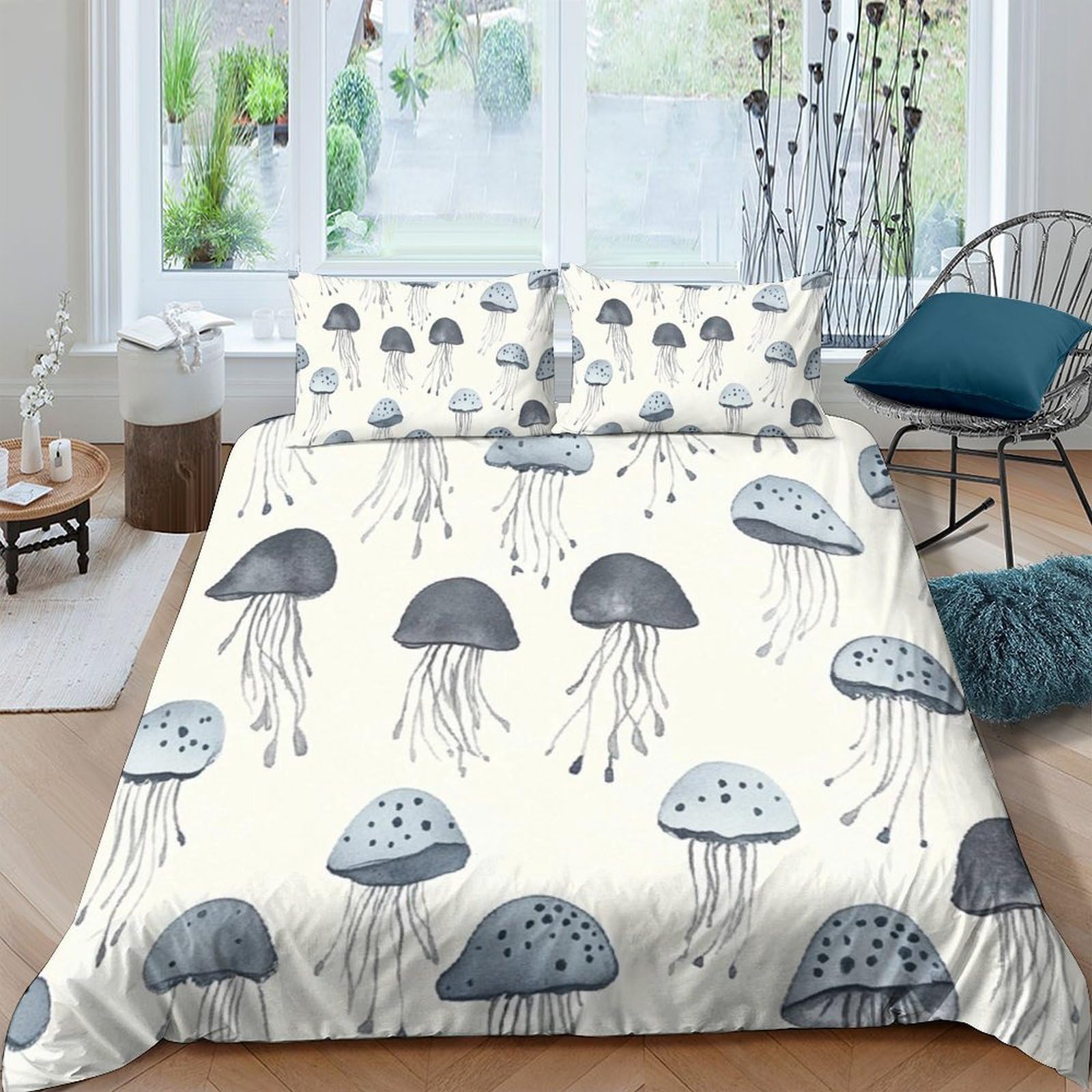Ctjqhvkz Style-8 3D Printed Jellyfish Fitted Sheet Microfiber Soft Blue Ocean Bed Cover Anti-Slip Machine Washable Bedroom Decor Single（135X200cm）