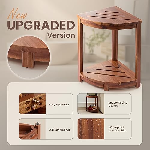 Miniatura 3 de HOLANA Banco de ducha esquinero de madera de 12 pulgadas y taburete de ducha esquinero con estante de almacenamiento, asiento de esquina para patas