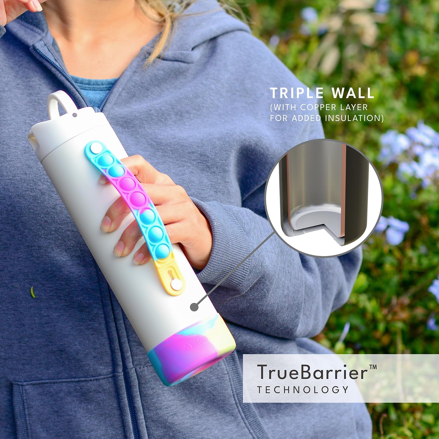 Elemental Iconic Kids Water Bottle for School - 100% Leak-Proof Insulated Water Bottles with Straw Lid & Pop-It Handle for Boys & Girls - Triple-Wall Insulated & BPA-Free, 20oz – White Tie Dye - Image 4