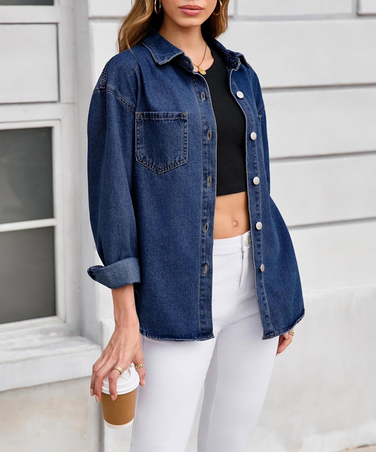 LADYFUL Women's Oversized Denim Shirt Shacket Long Sleeve Button down Casual Jean Jacket Coat - Image 3