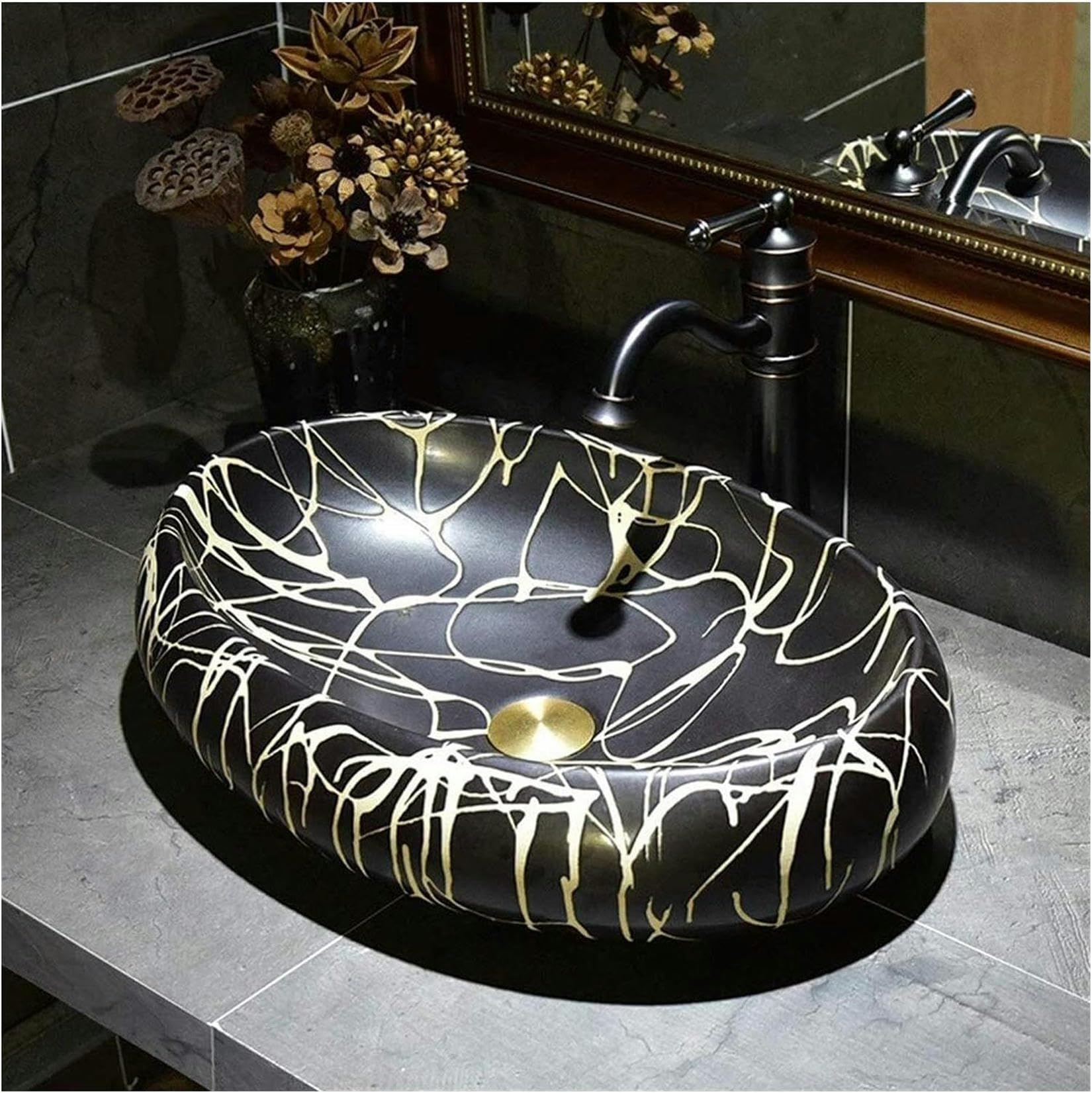 Vasque de salle de bain ovale XENITE lavabo noir vintage pour meuble à poser