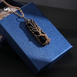 VIBILIA Healing Crystal Necklace Tree of Life Wire Wrapped Black Stone Point Pendant Necklace Hexagonal Reiki Spiritual Jewelry for Women Men