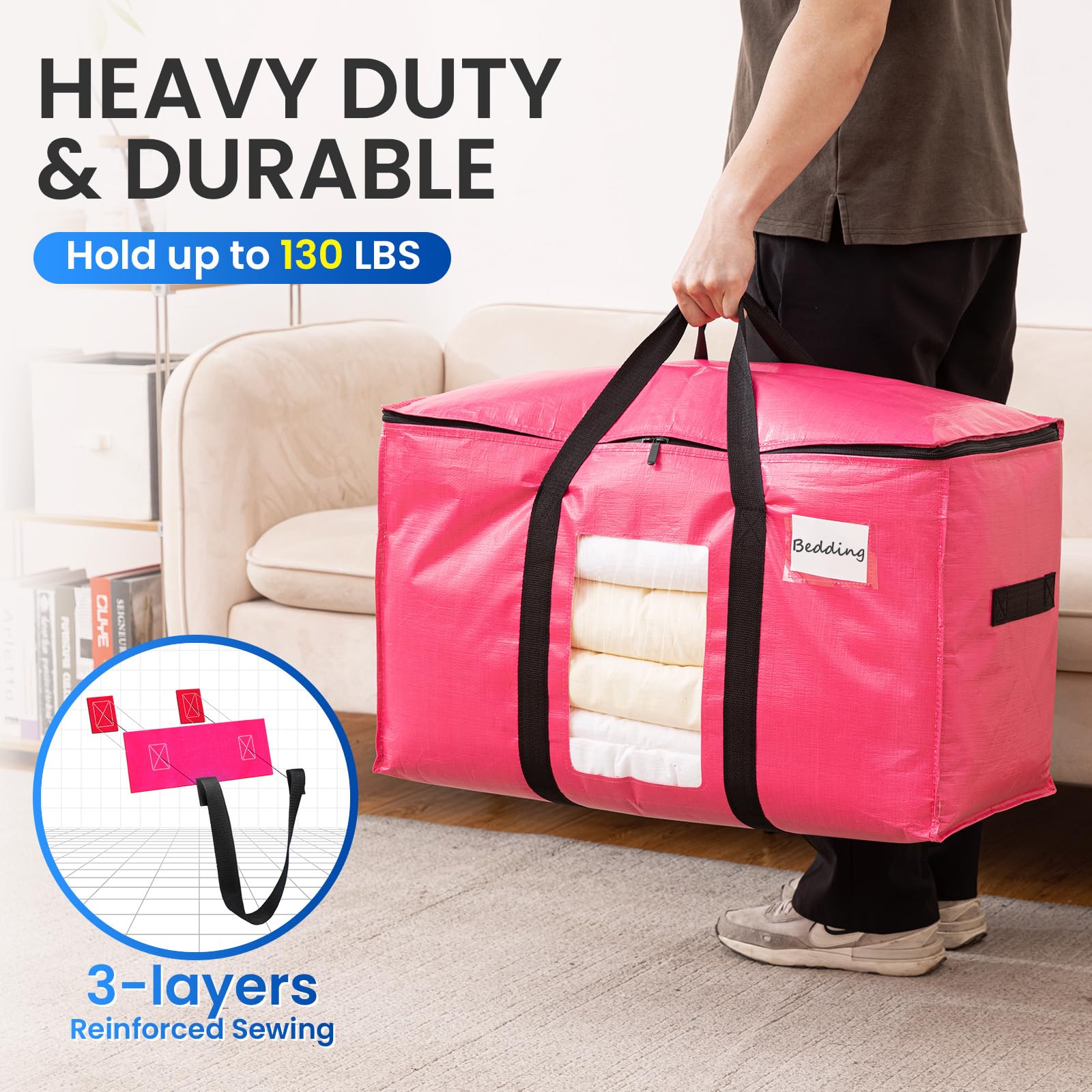 TAILI Moving Bags Extra Large,Reinforced Handles & Clear Window,Heavy Duty Storage Bags with Zips for Clothes,Beddings,Duvets,Travel,Camping,moving,Loft Storage(4 Pack pink) - Image 4