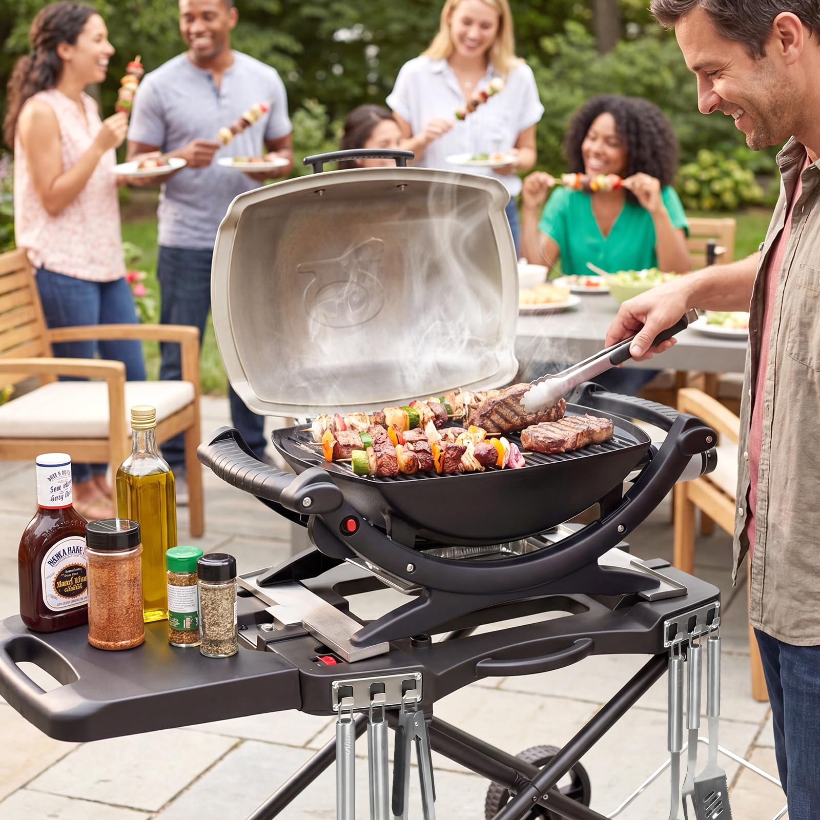 Carro de barbacoa portátil con rueda para Weber Q1200, Q1000, Q2200, Q2000 Serie y Blackstone 43/56 cm, plancha de mesa, soporte plegable