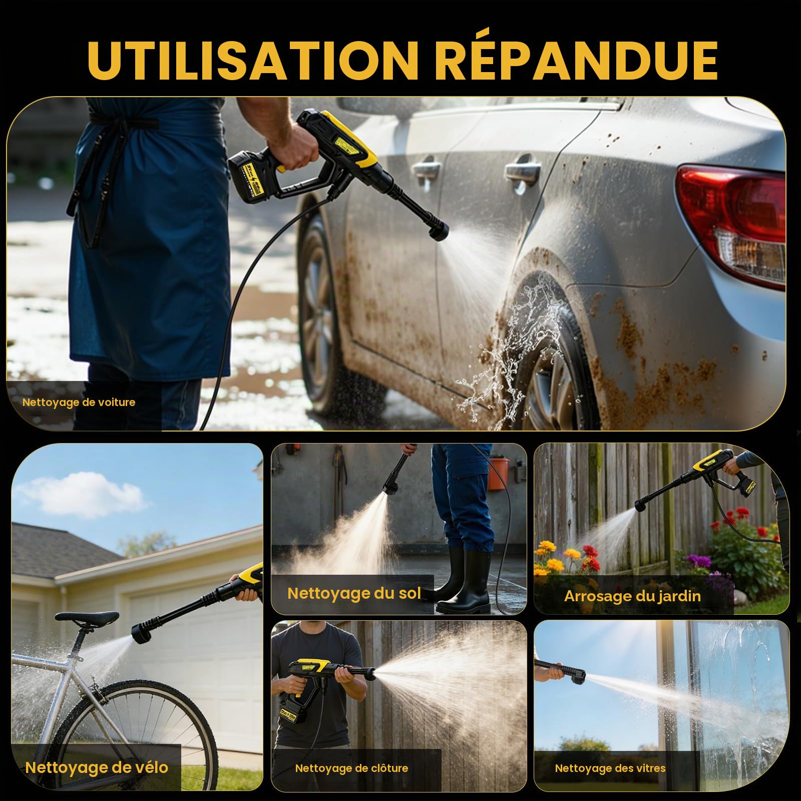 Nettoyeur Haute Pression Sans Fil, VOLTSTRIKE Nettoyeur Haute Pression sur Batterie, Buse 6-en-1, avec 2 Batteries 4,0 Ah, 9 Niveaux de Pression Réglables, pour Jardin, Terrasse et Nettoyage Extérieur