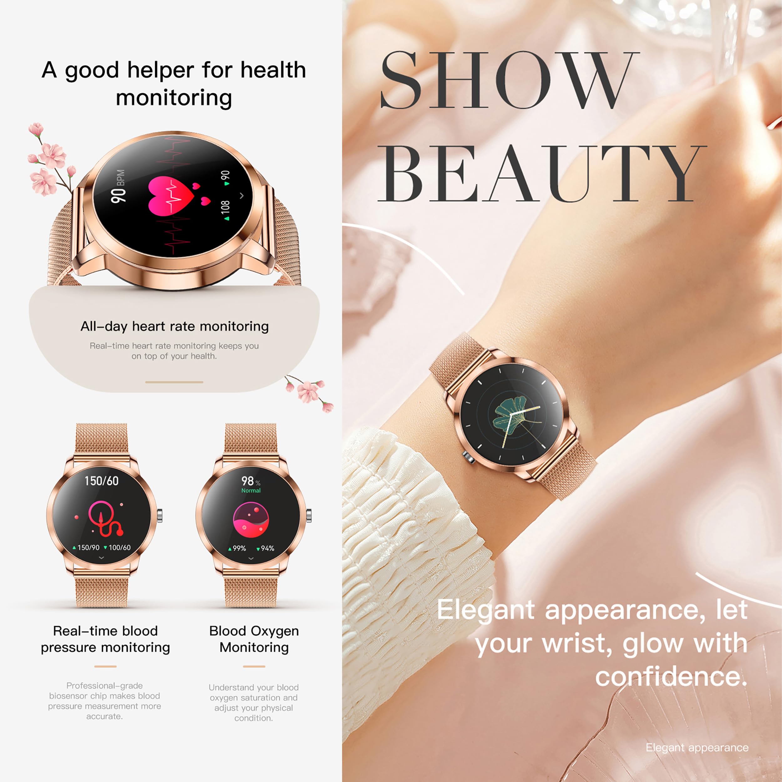 Reloj Inteligente para Mujer con Linterna de Llamadas Bluetooth, batería Grande, 1,27 Pulgadas, AMOLED 5 ATM, Reloj de Fitness con SpO2, medición de presión Arterial (Dorado)