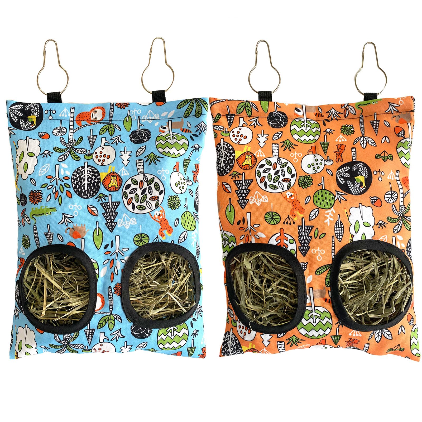 Rabbit Hay Feeder Bag, Guinea Pig Hay Feeder for Cage Small Animal Hanging Feeding Bags Rabbit Hay Dispenser Storage for Rabbits Guinea Pigs Bunnies Chinchillas (Orange,Light Blue, 2 Hole)