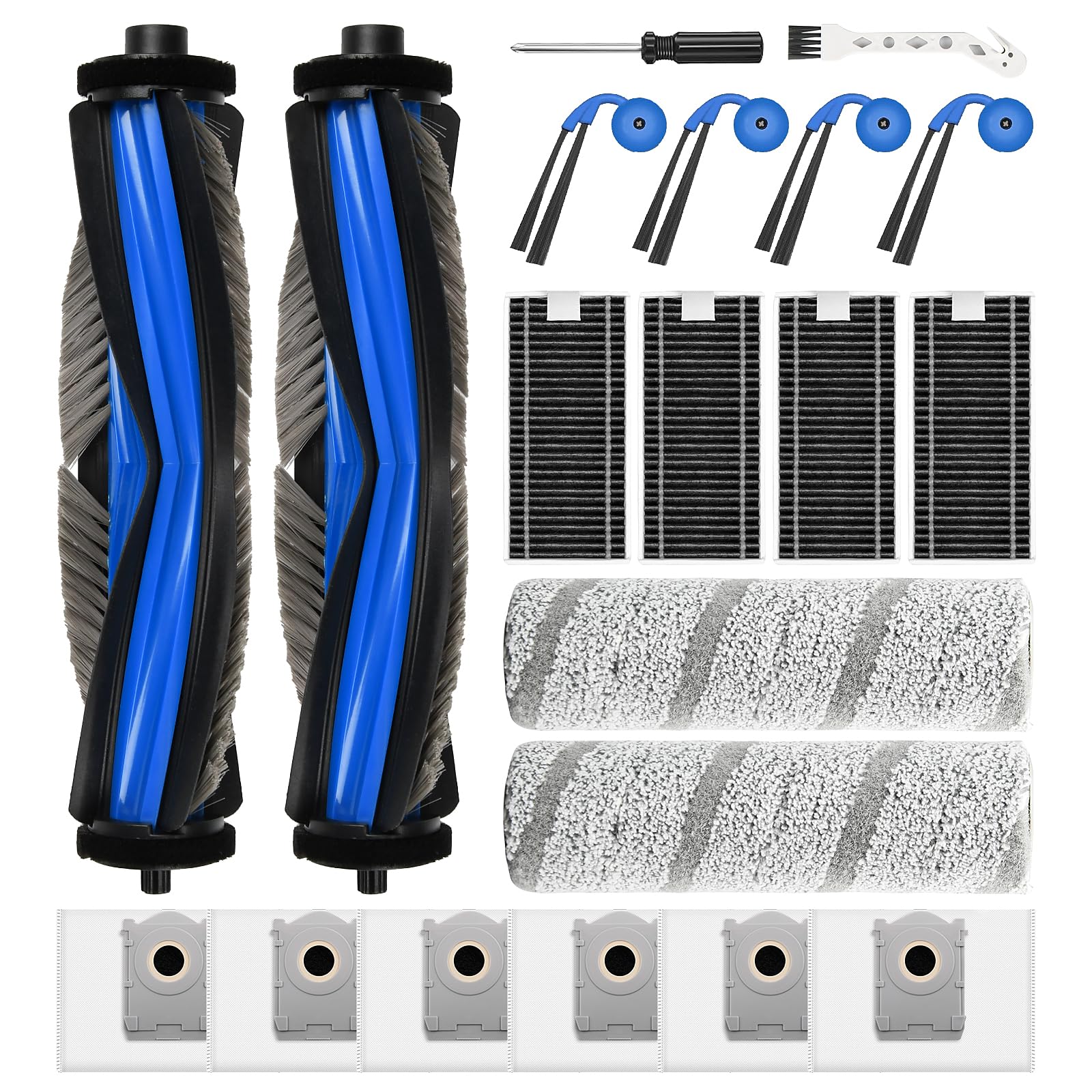 20 Piece Accessory Set for Ecovacs Deebot X9 Pro Omni / X11 Pro Omni Robot Vacuum Cleaner, 2 Main Brushes, 6 Dust Bags, 2 Mop Cleaning Rollers, 4 Side Brushes, 4 Filters, 1 Cleaning Brush, 1 20 pieces X9 Pro Omni / X11 Pro Omni accessory set