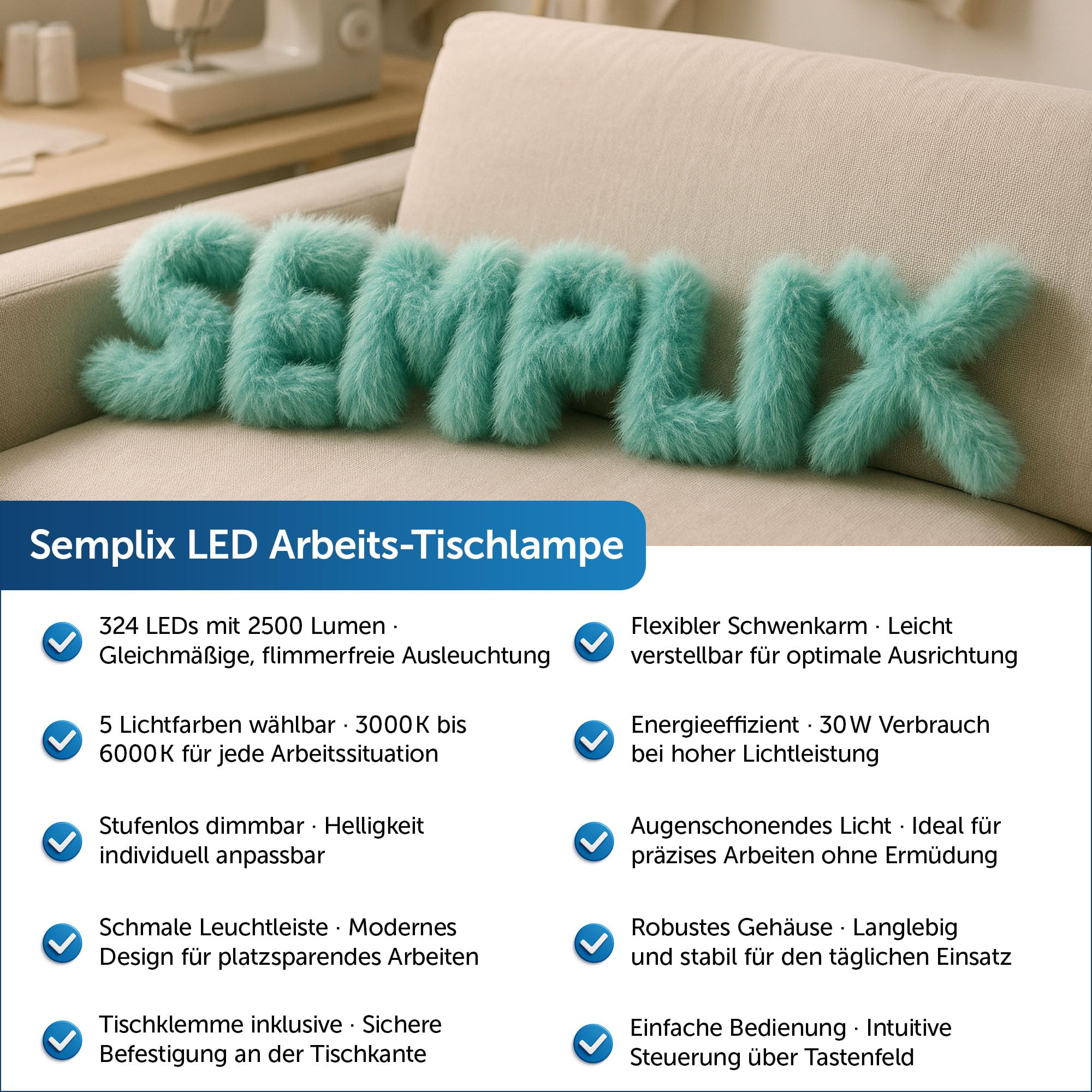 SEMPLIX LED Arbeits-Tischlampe weiß (324 LED/dimmbar in 5 Stufen/Tischklemme)