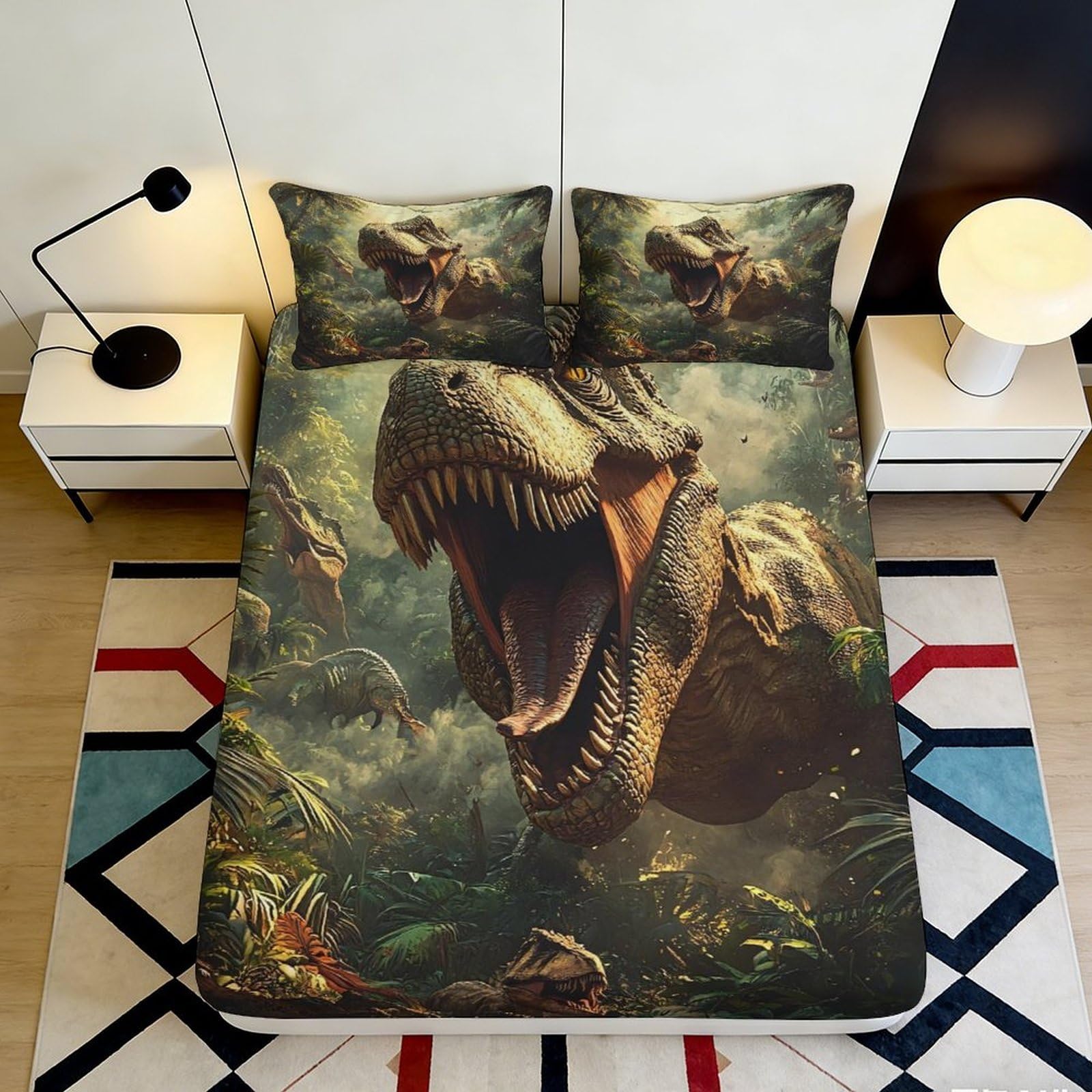 3D Printed Dinosaur Jungle Fitted Sheet Microfiber Anti-Slip Mattress Cover for Bedroom Dorm Easy Care Decor 120x200x25cm