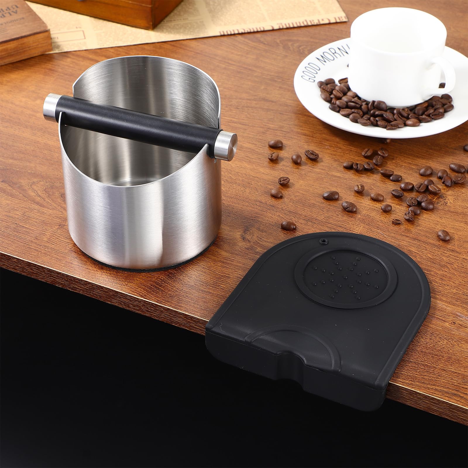Hohopeti Acero Inoxidable Cubo de Restos de Café con Barra Extraíble | Base Antideslizante de Silicona, Estructura Estable y Uso Fácil, para Restaurantes y Bares