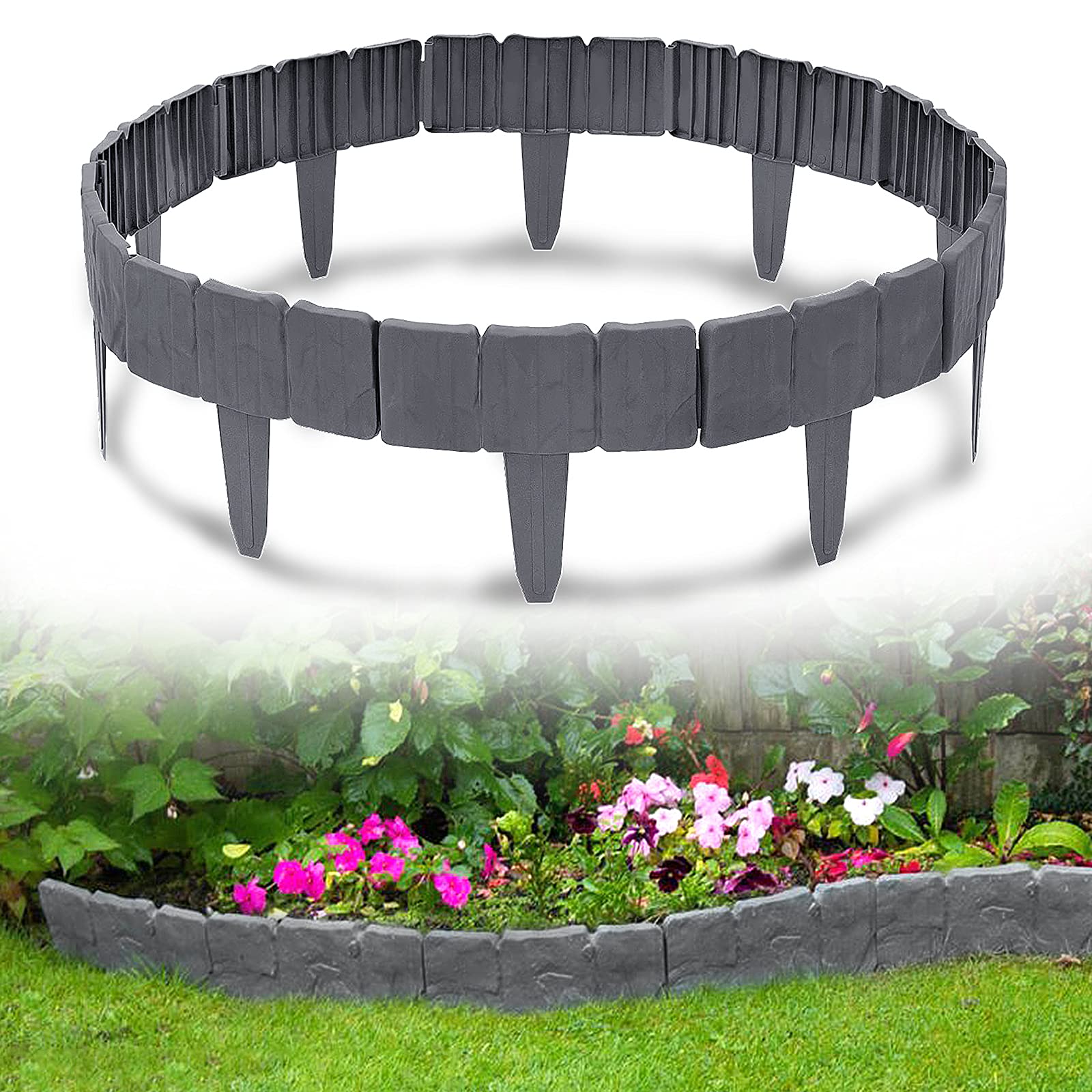 YRHome Bordo per prato in plastica effetto pietra, 7,5 m, bordo per aiuole in polipropilene, bordo per falciare, recinzione da giardino, 1 elemento (larghezza x altezza x profondità): 25 x 23 x 1 cm,