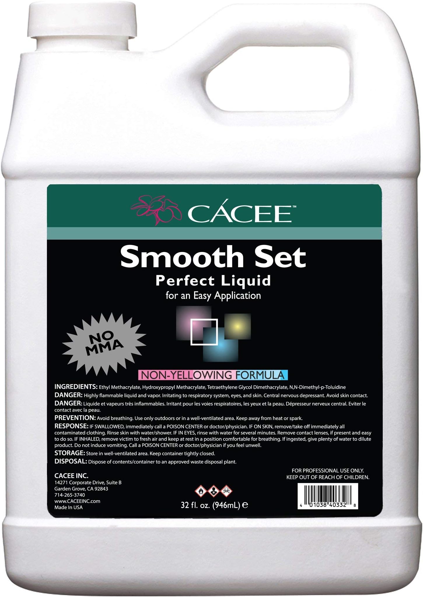 Cacee Smooth Acrylic Nail Liquid Monomer 32 oz, Smooth Set Perfect by Flexible Non-Yellowing Formula, Does Not Contain MMA, Self-Leveling