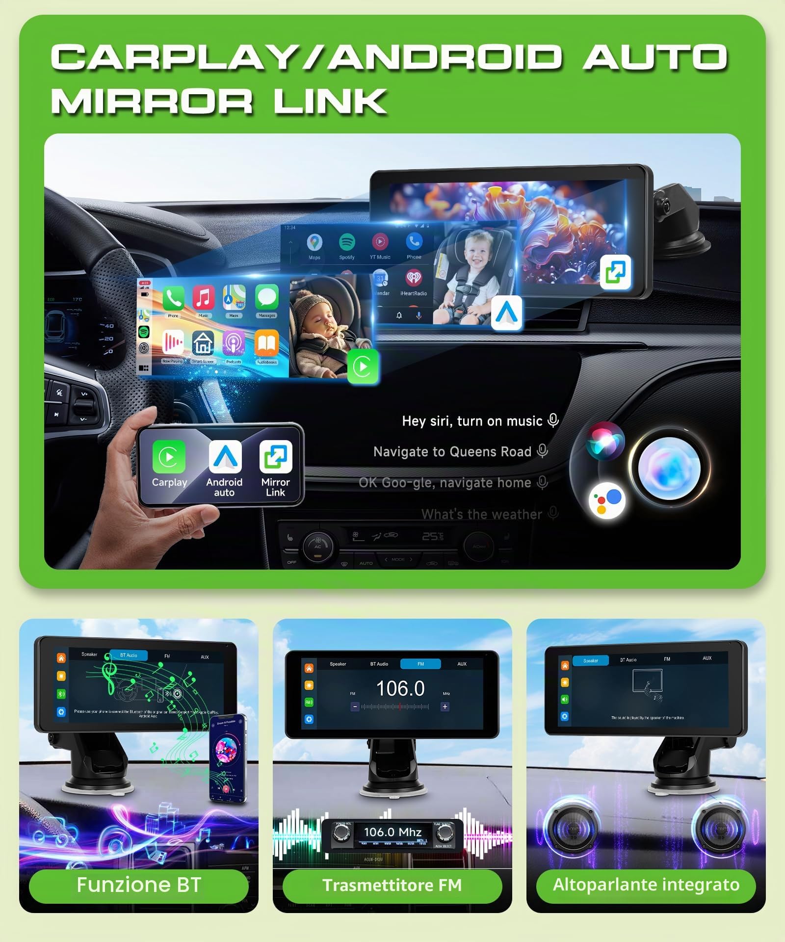 VECHTEL Sedile posteriore per bambini telecamera con schermo diviso da 6,86 pollici HD 720P,on Carplay Android Auto, telecamera auto con visione notturna e rotazione a 360,con a ventosa/64 GB SD