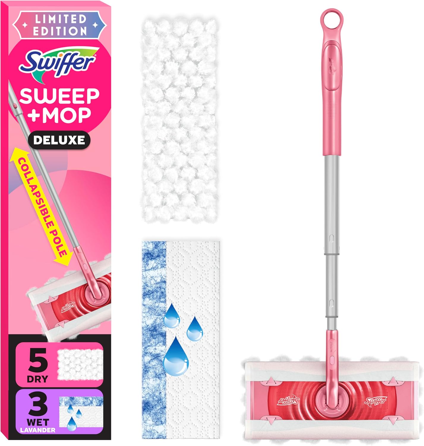 Swiffer Sweep and Mop Deluxe, Limited Edition Pink Wicked: for Good, 2-in-1 Floor Mopping and Sweeping Kit, 1 Sweeper Device, 5 Heavy Duty Dry Sweeping Cloths, 3 Heavy Duty Wet Mopping Cloths Wicked Pink Deluxe Starter Kit