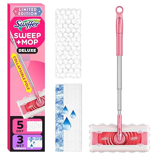 Swiffer Sweep and Mop Deluxe, Limited Edition Pink Wicked: for Good, 2-in-1 Floor Mopping and Sweeping Kit, 1 Sweeper Device, 5 Heavy Duty Dry Sweeping Cloths, 3 Heavy Duty Wet Mopping Cloths