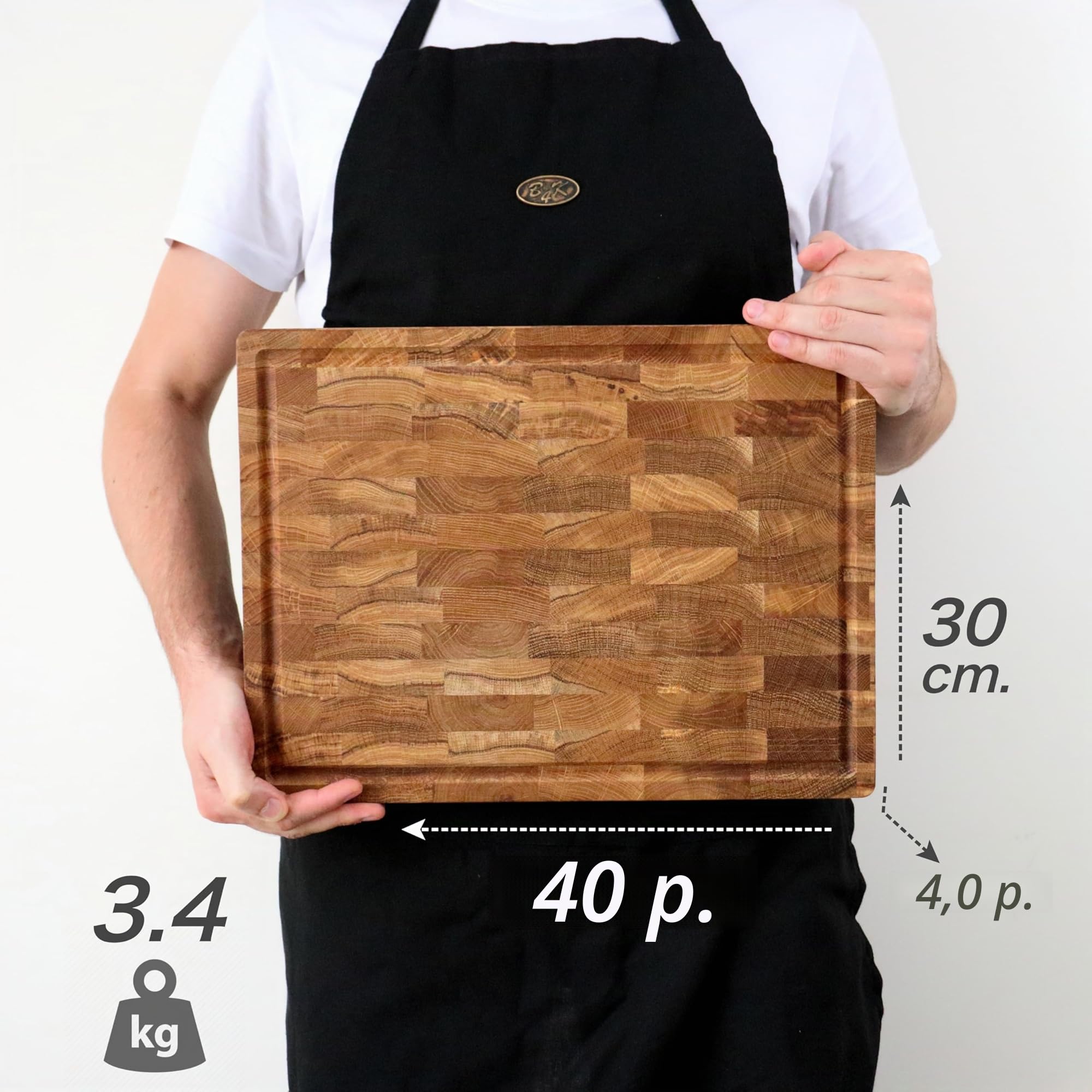 B4K® Planche à Découper en Bois de Chêne 40x30x4 cm avec Poignées et Pieds en Silicone | Bloc à Découper Antibactérien | Construction de Bout
