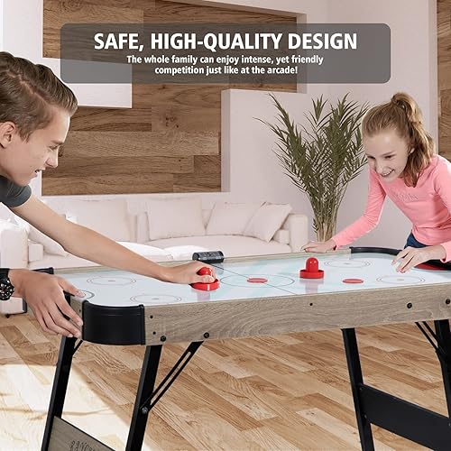 Miniatura 2 de RayChee Mesa de hockey de aire plegable, mesa de hockey de tamaño mediano de 48 pulgadas, juego de juegos deportivos con 2 discos, 2 empujadores,