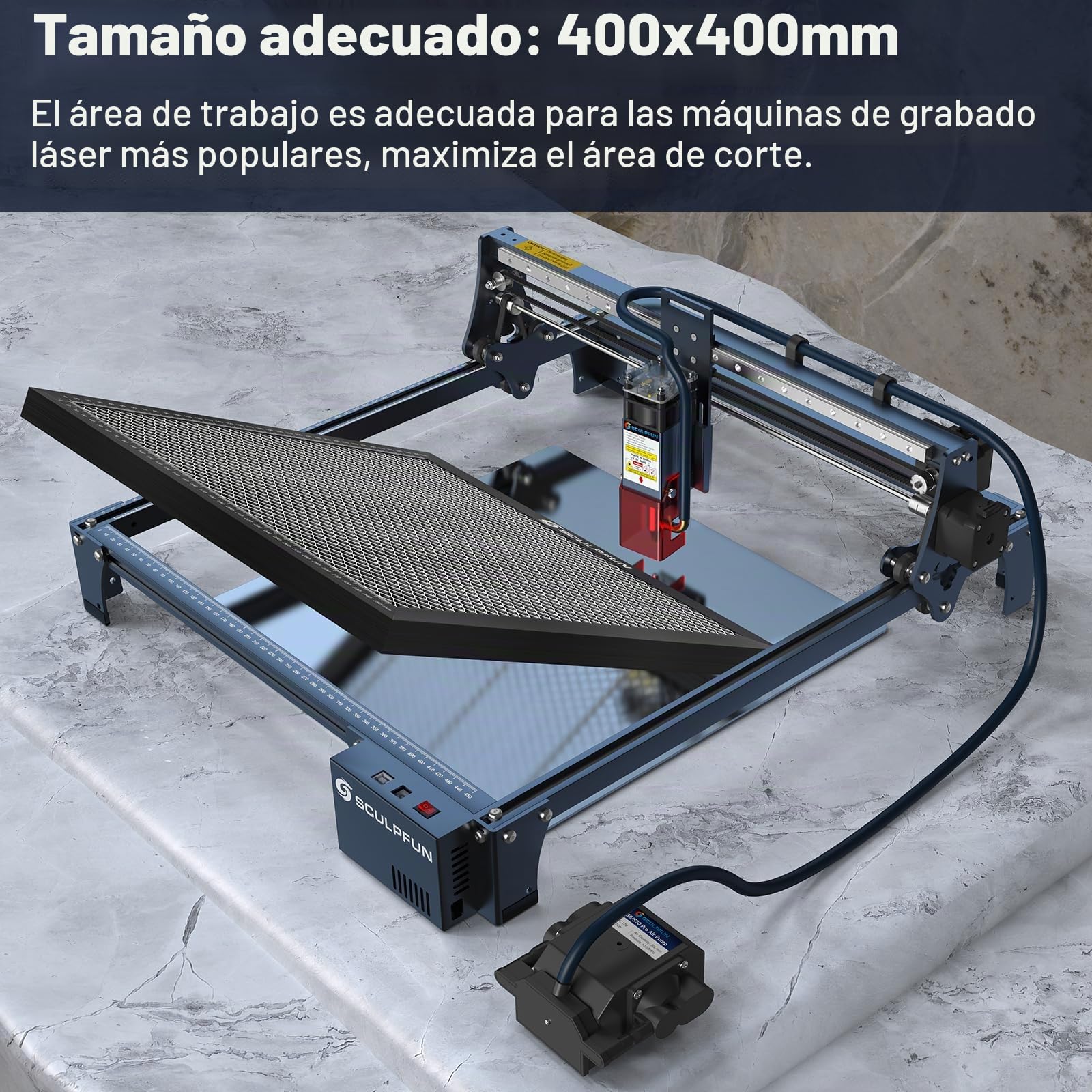 SCULPFUN Grabado láser S30 Pro 10 W con placas alveolares de 400 x 400 mm grabado láser automático 30 l/min, con lente reemplazable