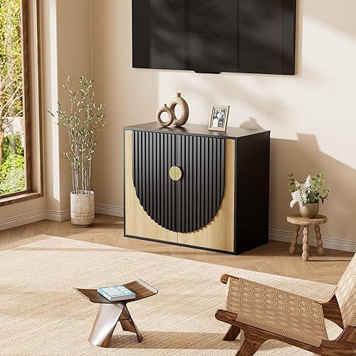 Miniatura 7 de Aparador de buffet acanalado de 33 pulgadas con almacenamiento, mesa consola modular moderna con puertas arqueadas simétricas, elegante creenza para