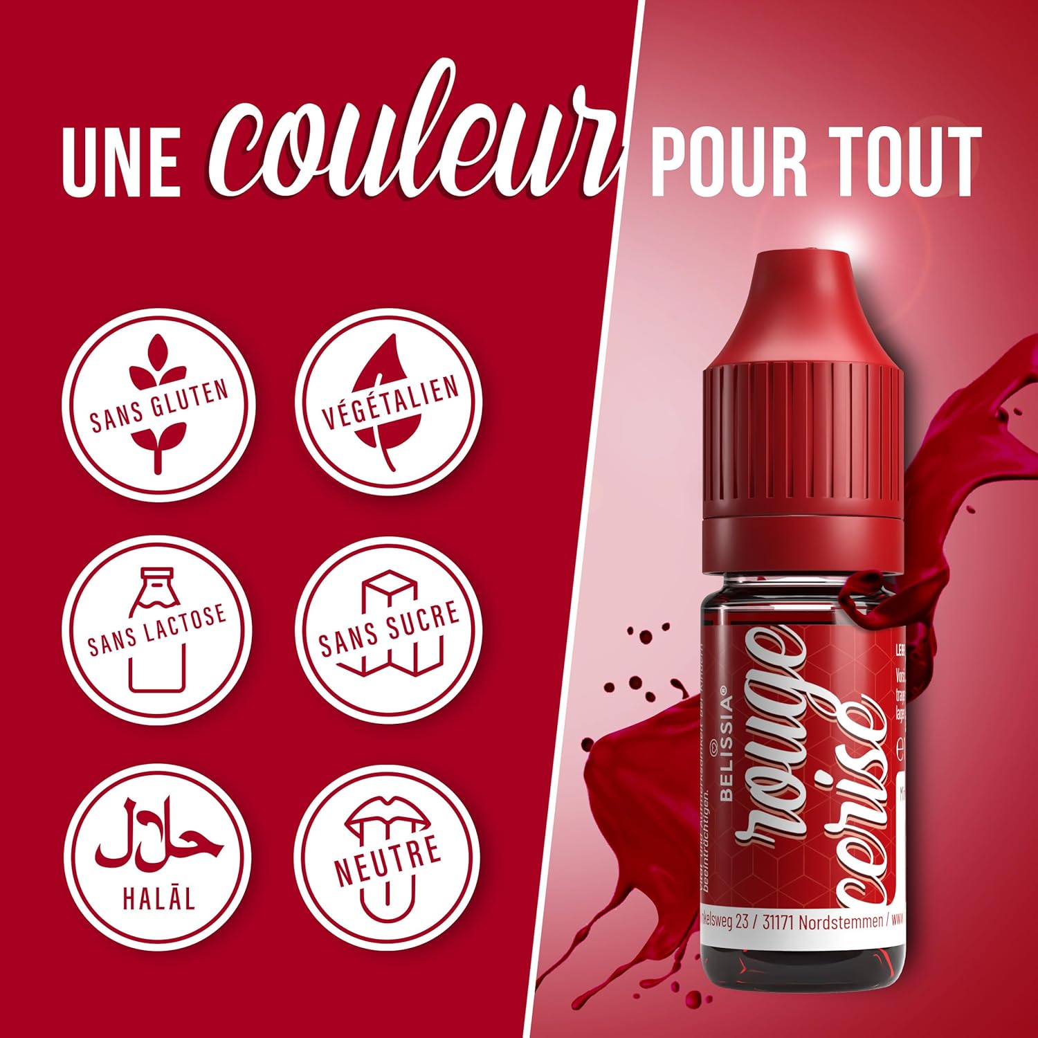Belissia Colorant alimentaire rouge cerise 10 ml – liquide hautement concentré, vegan, thermo‑stable, neutre en goût pour pâtisserie, fondant, chocolat et boissons - Image secondaire