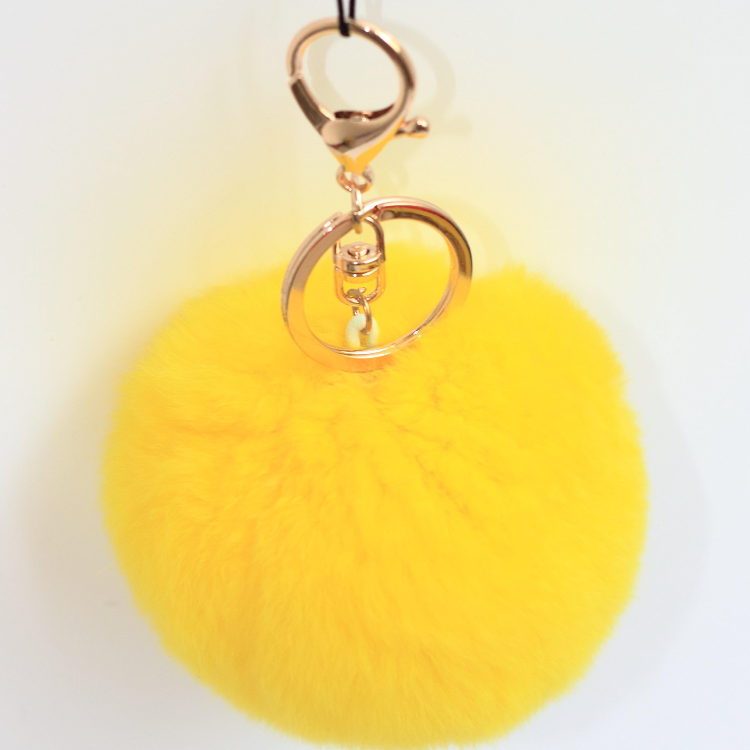 Fosrion Rex Rabbit Fur Ball Pom Pom Keychain for Bag Charms with Silver Key Ring (Yellow)