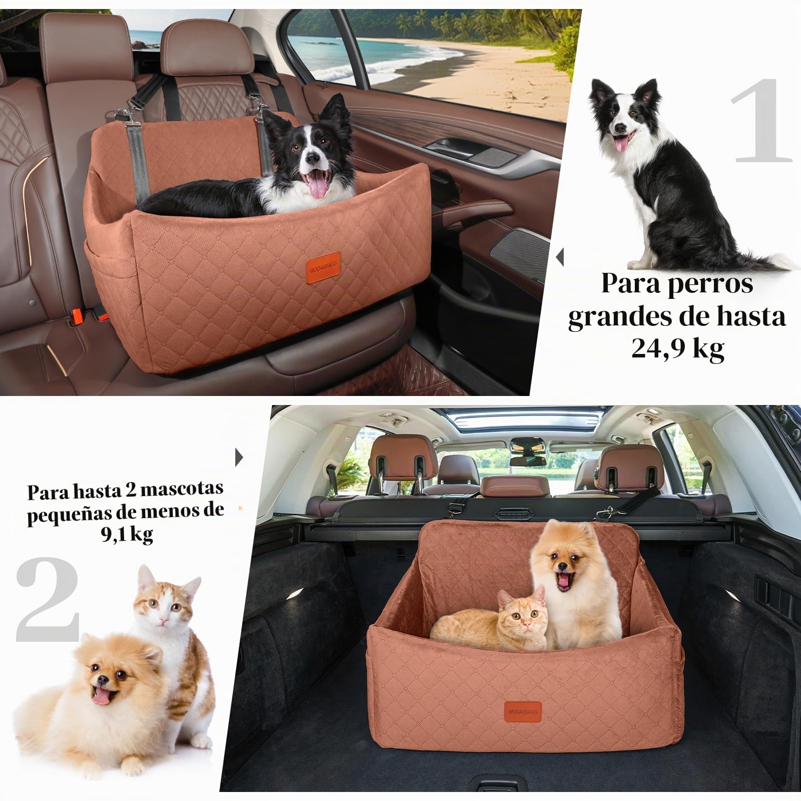 Wooaidagg Asiento de Coche para Perros de hasta 55 Libras, fácil de Instalar, súper Suave y Relleno de Espuma viscoelástica, Totalmente Desmontable y Lavable (marrón, Grande)