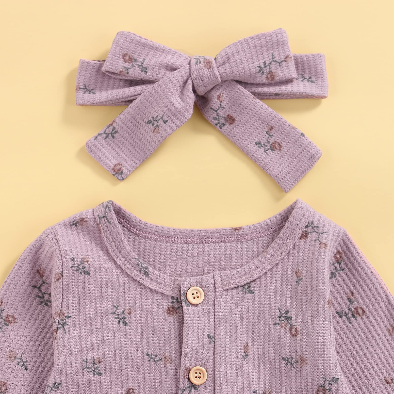 COORALLY Infant Baby Girl Ruffle Jumpsuit Floral Long Sleeve Button Knitted Romper with Headband 2PC Clothes (A-Purple, 3-6 Months)