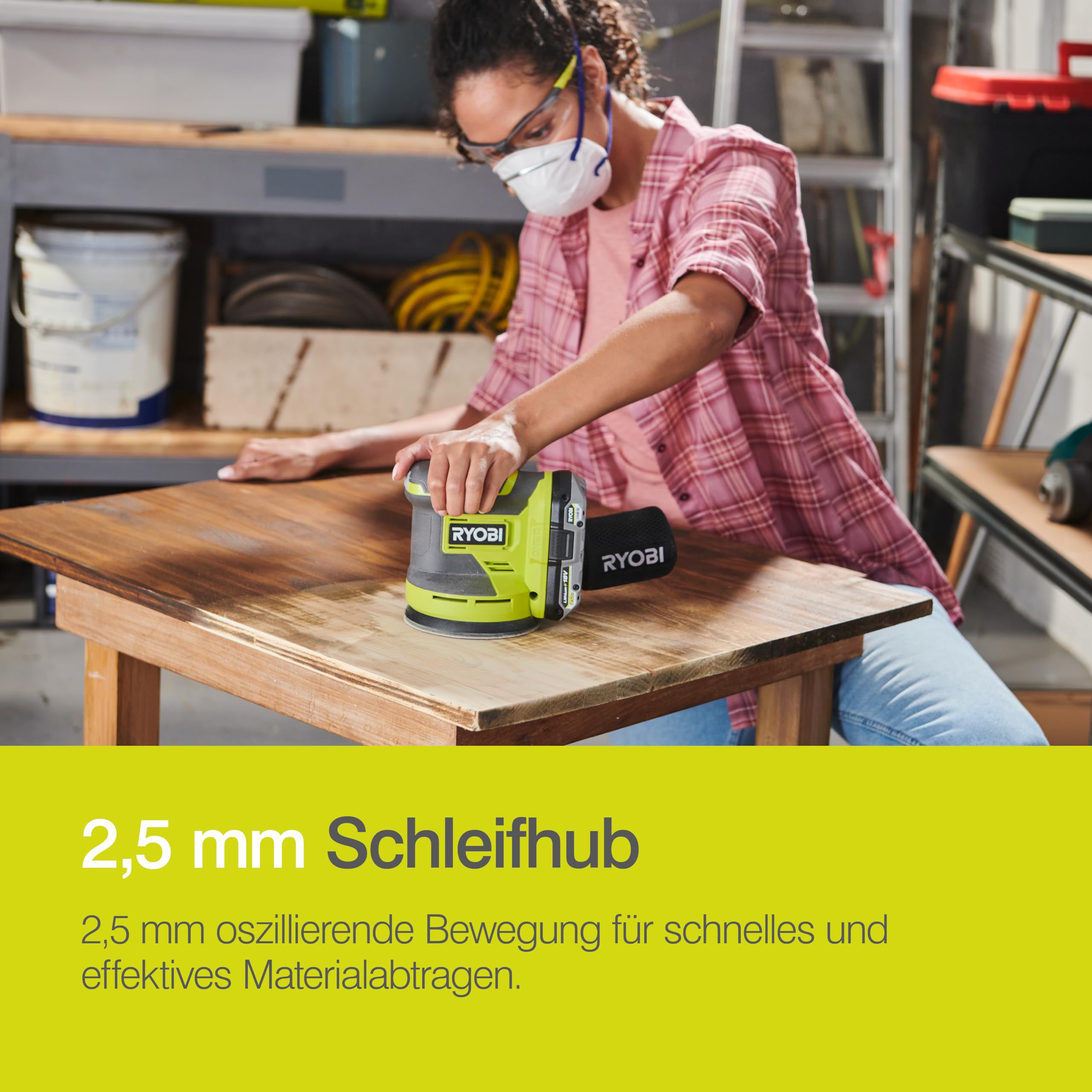 RYOBI 18 V ONE+ Akku-Exzenterschleifer RROS18-0, 125 mm Schleifteller, 2,5 mm Schwingkreis, Effiziente Farbentfernung, Kompatibel mit Werkzeugsystemen