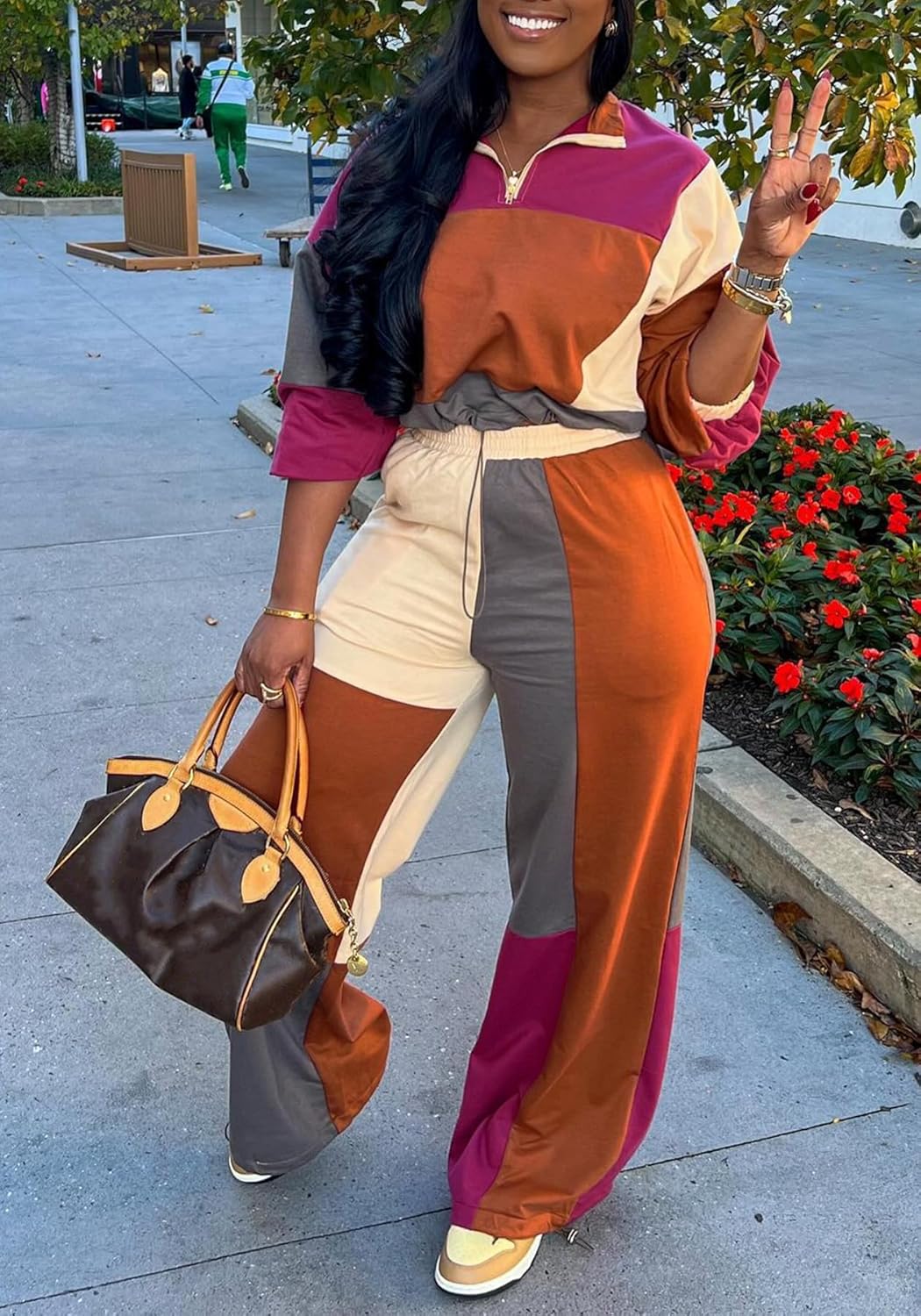 Ptorlio Sweatsuits Women 2 Piece Outfit Casual Long Sleeve Color Block Jogger Wide Leg Sweatpants Set Tracksuit - Image 2