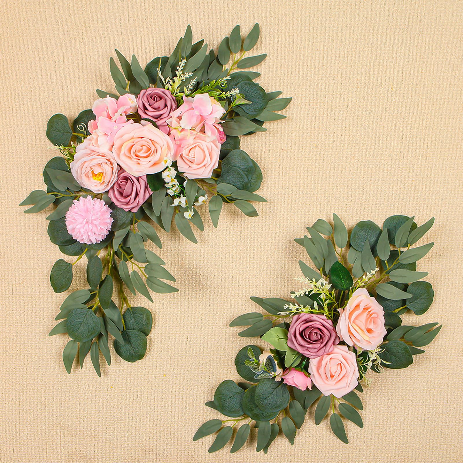 Set di 2 fiori artificiali romantici europei retrò floreali per pannelli di benvenuto di nozze, facili da installare, per porta d'ingresso o ingresso (rosa)